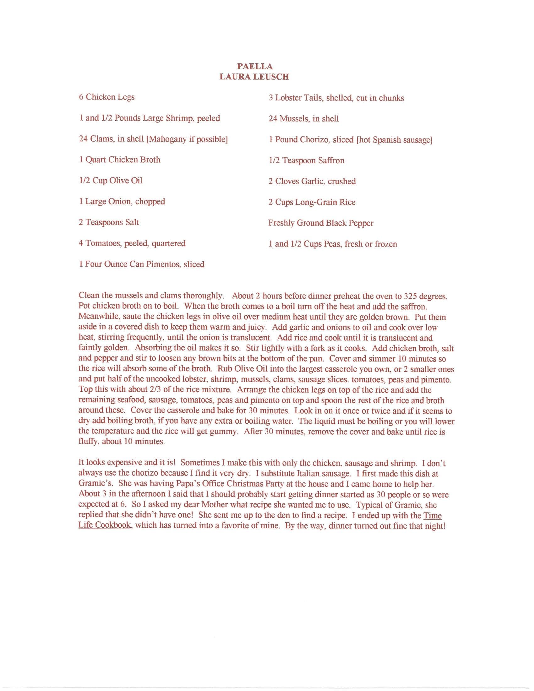 Original cookbook page for Paella