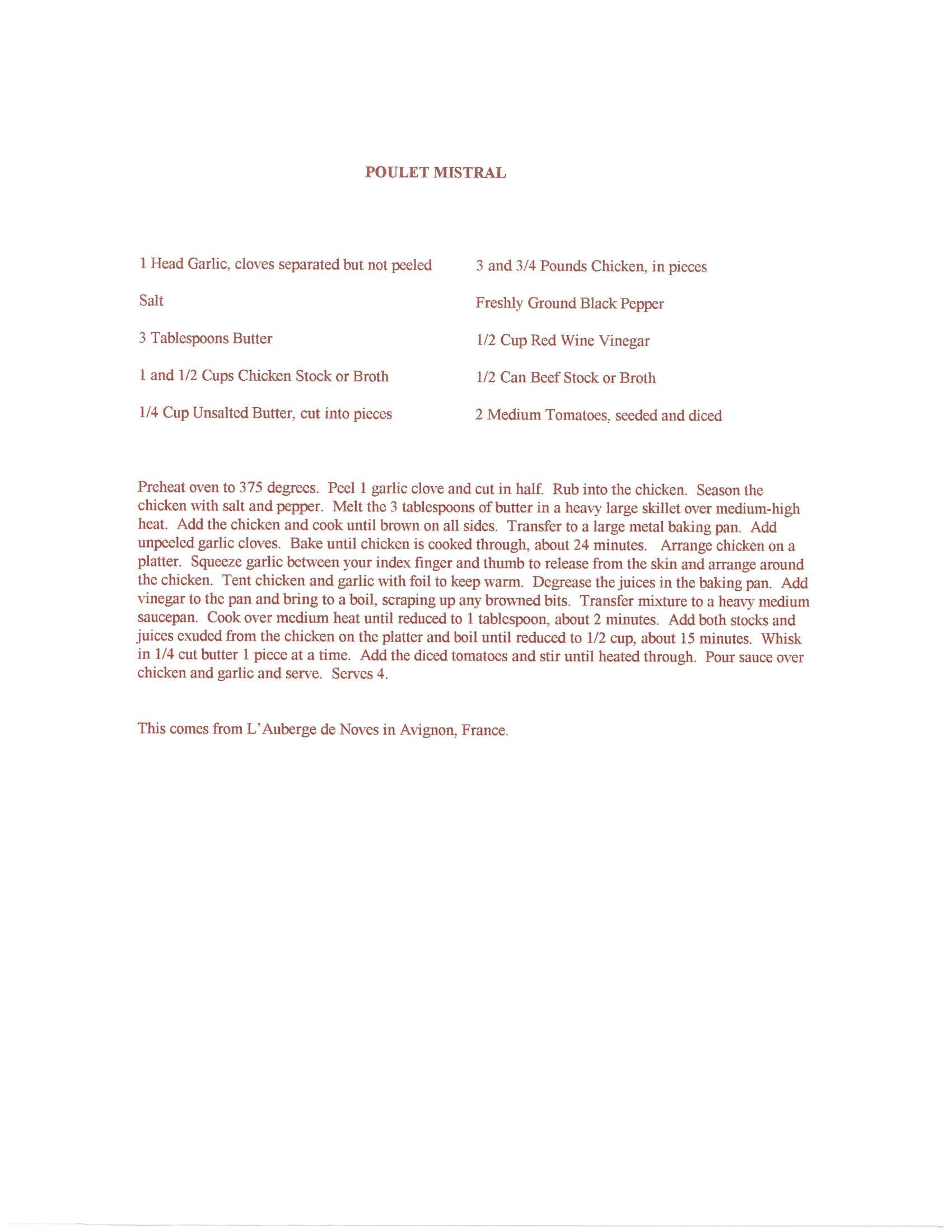 Original cookbook page for Poulet Mistral