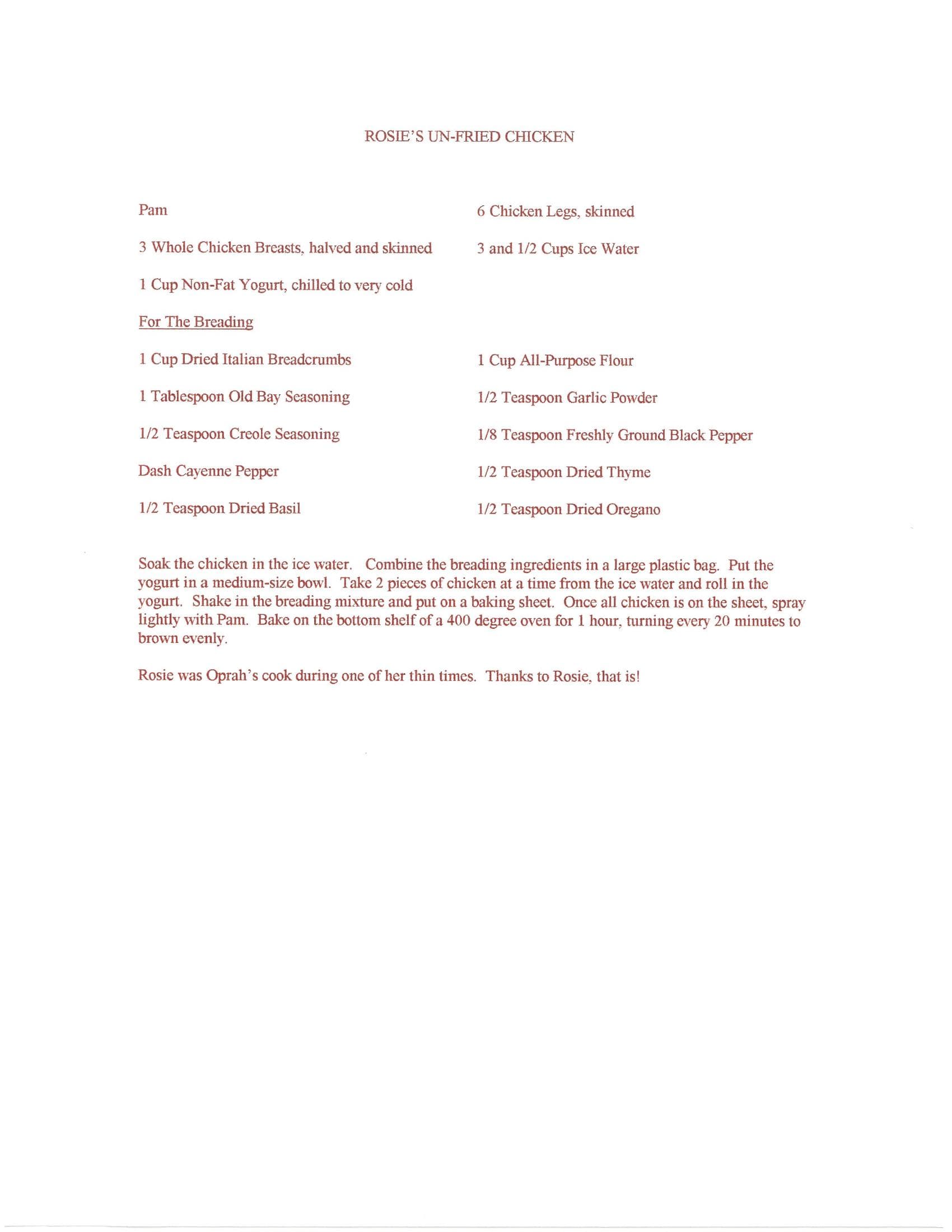 Original cookbook page for Rosie's Un-fried Chicken