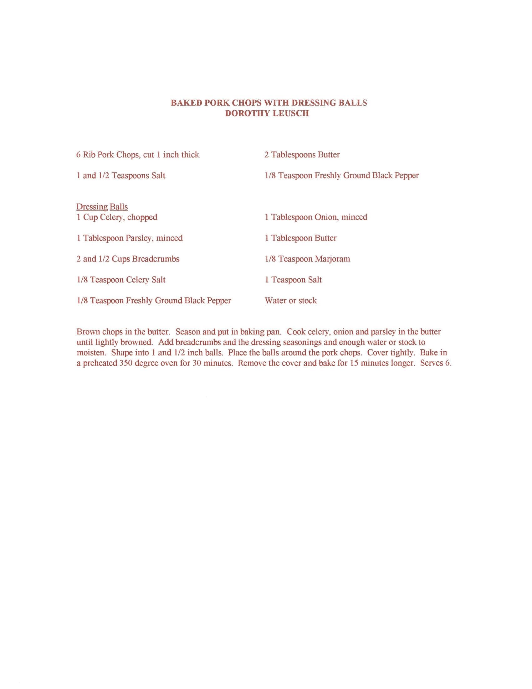 Original cookbook page for Baked Pork Chops with Dressing Balls