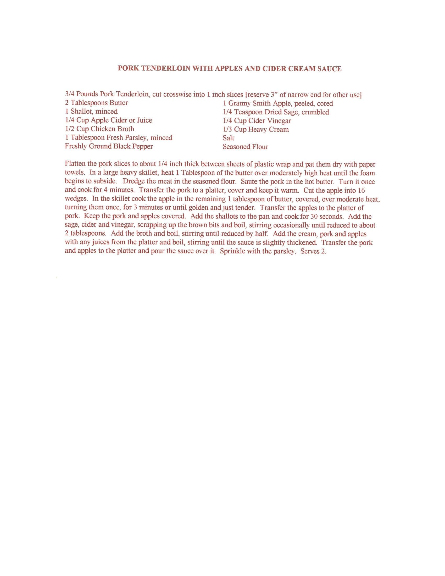 Original cookbook page for Pork Tenderloin with Apples and Cider Cream Sauce