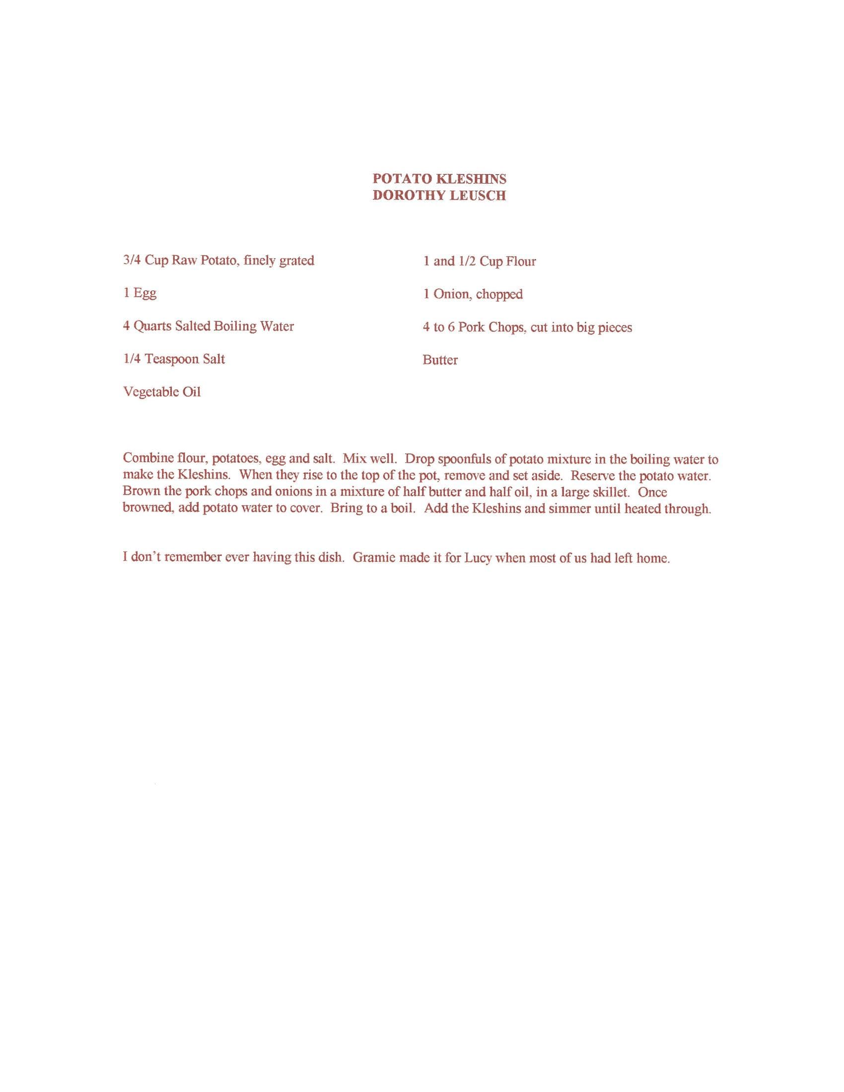 Original cookbook page for Potato Kleshins
