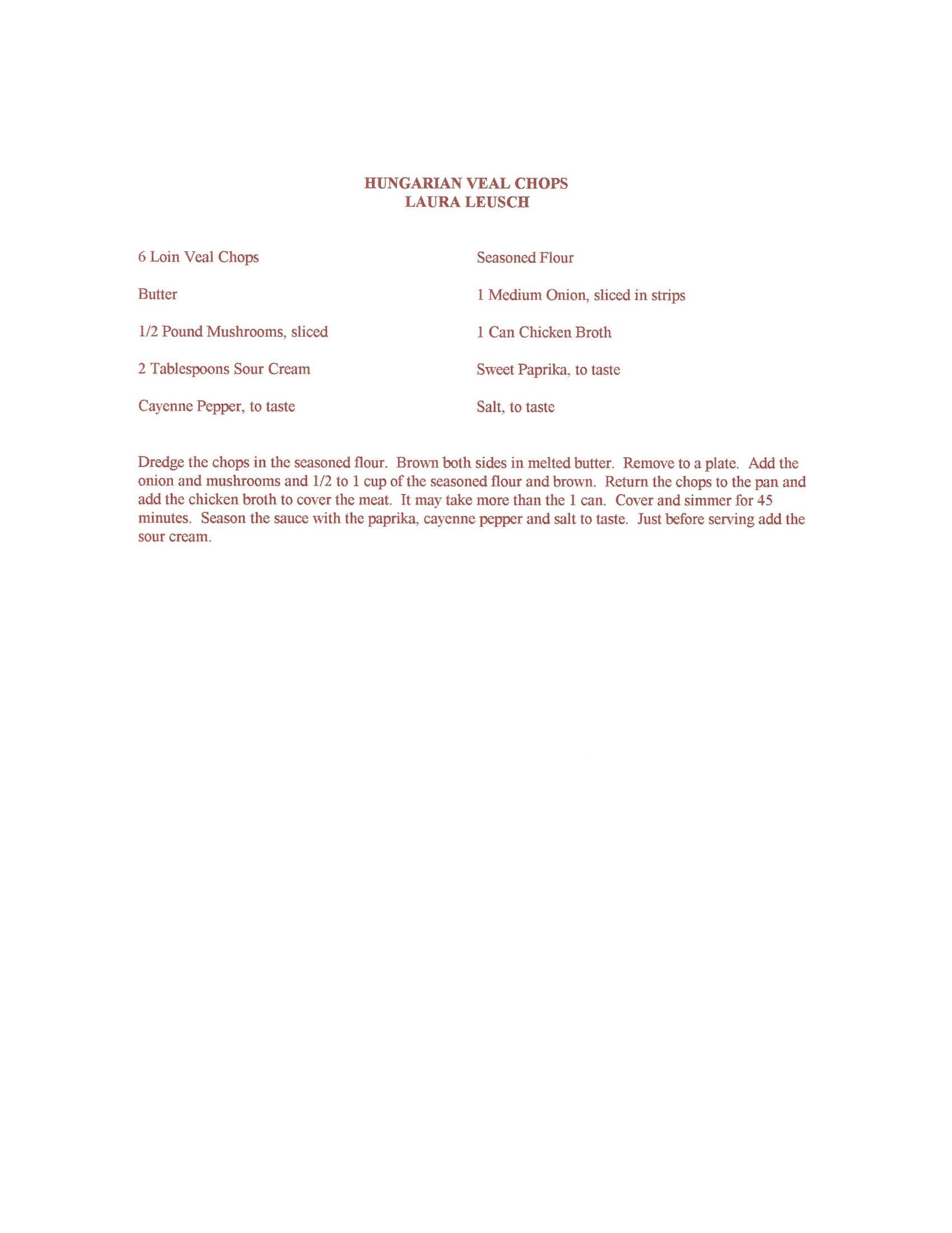 Original cookbook page for Hungarian Veal Chops