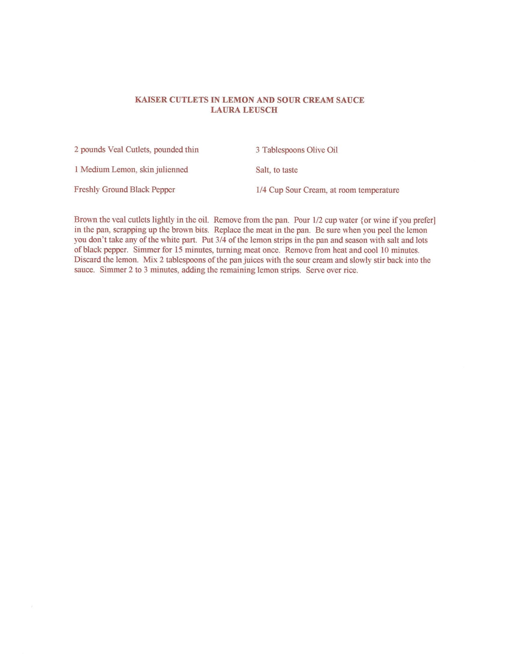 Original cookbook page for Kaiser Cutlets in Lemon and Sour Cream Sauce