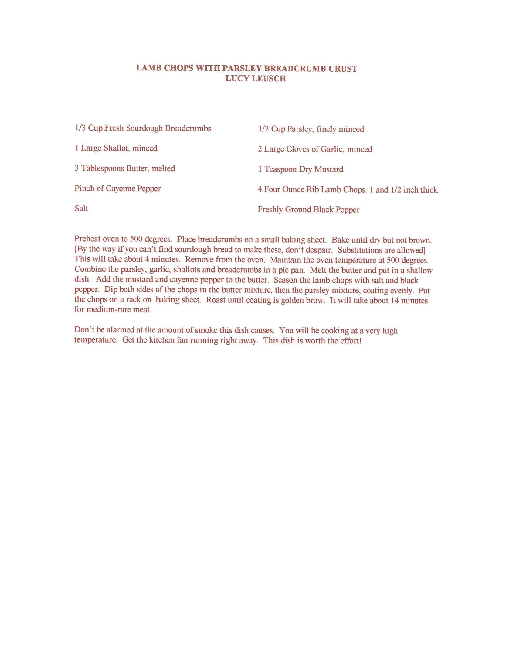 Original cookbook page for Lamb Chops with Parsley Breadcrumb Crust