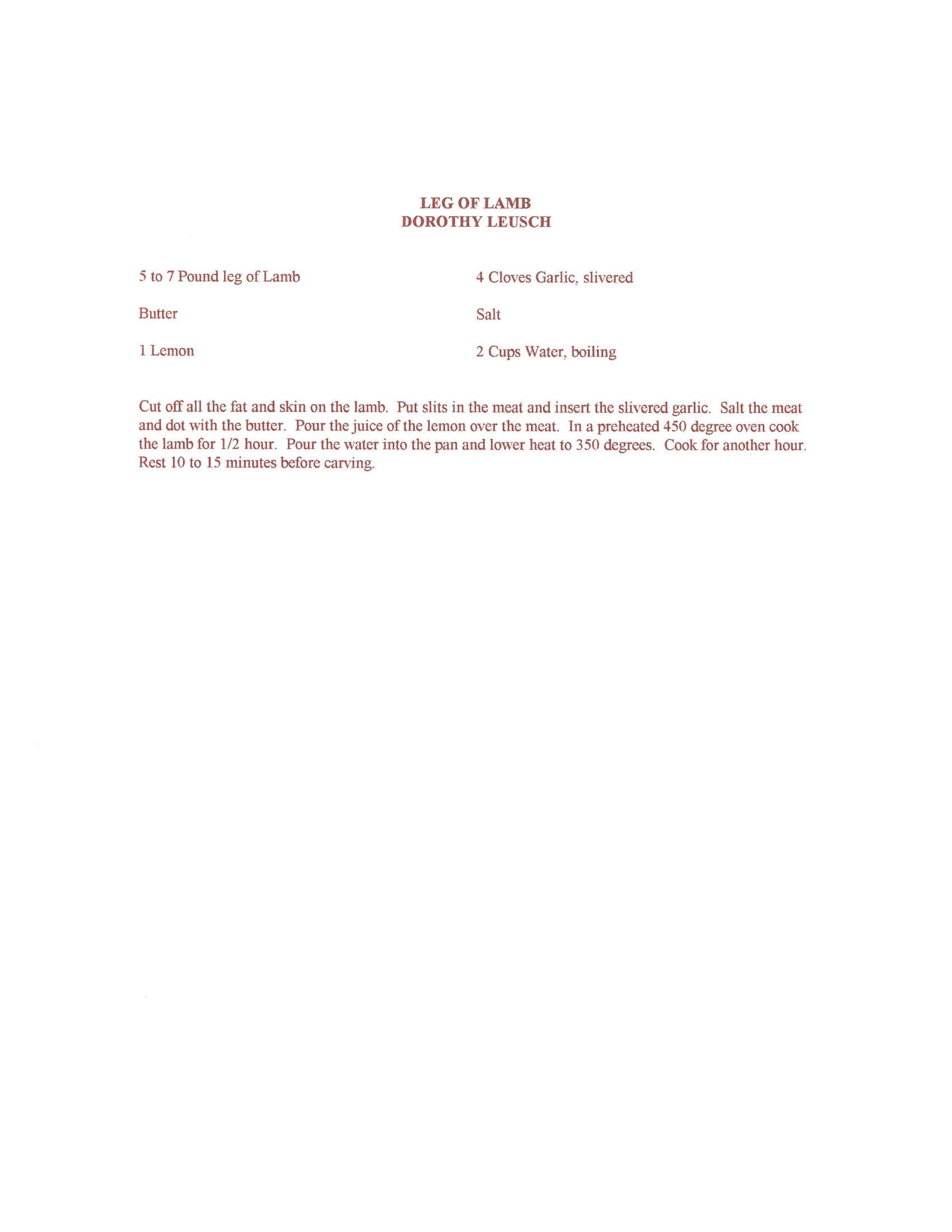 Original cookbook page for Leg of Lamb