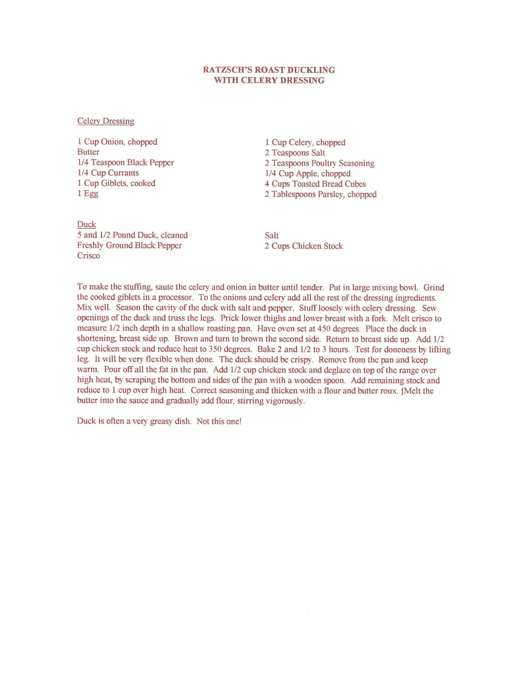 Original cookbook page for Ratzsch's Roast Duckling with Celery Dressing
