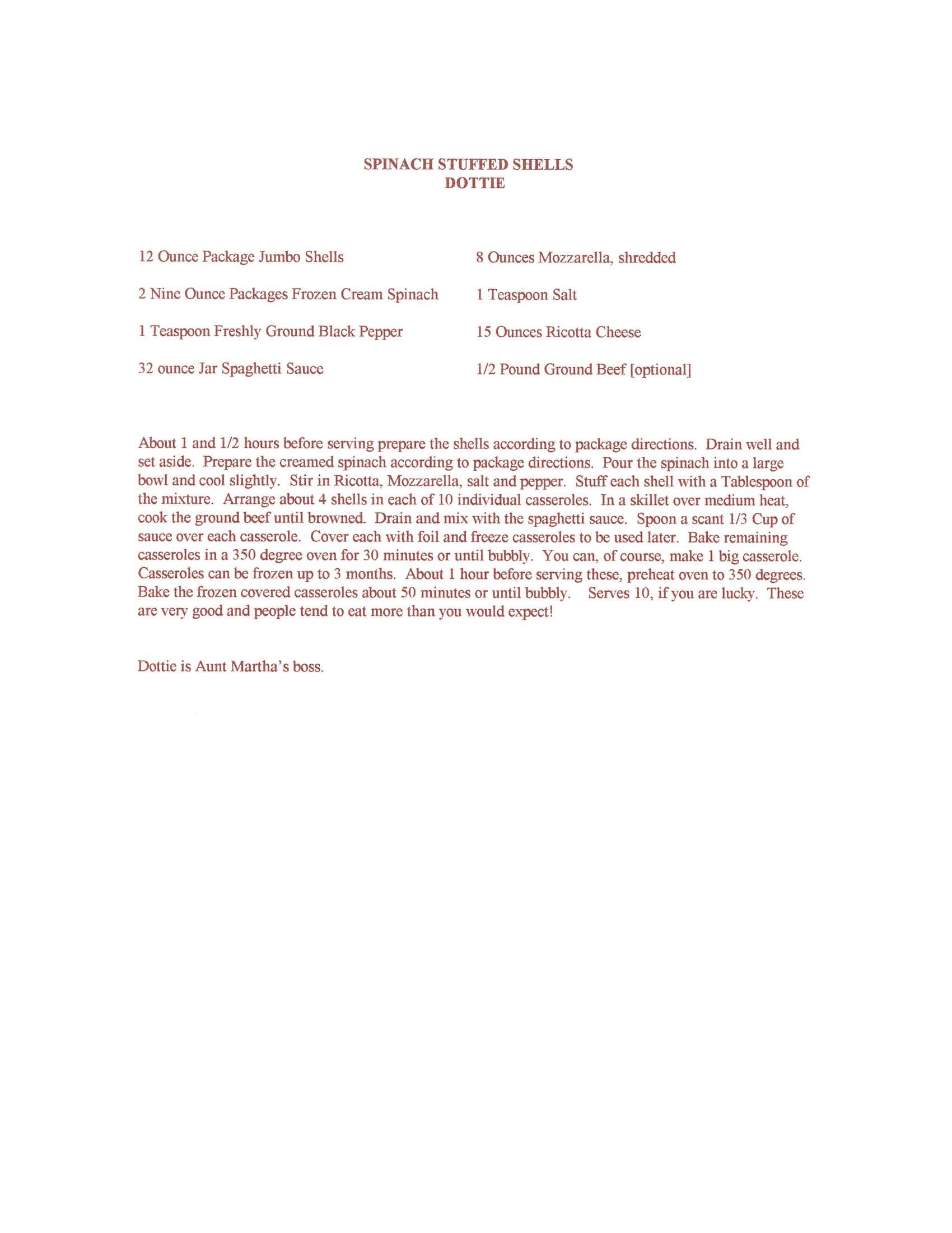 Original cookbook page for Spinach Stuffed Shells