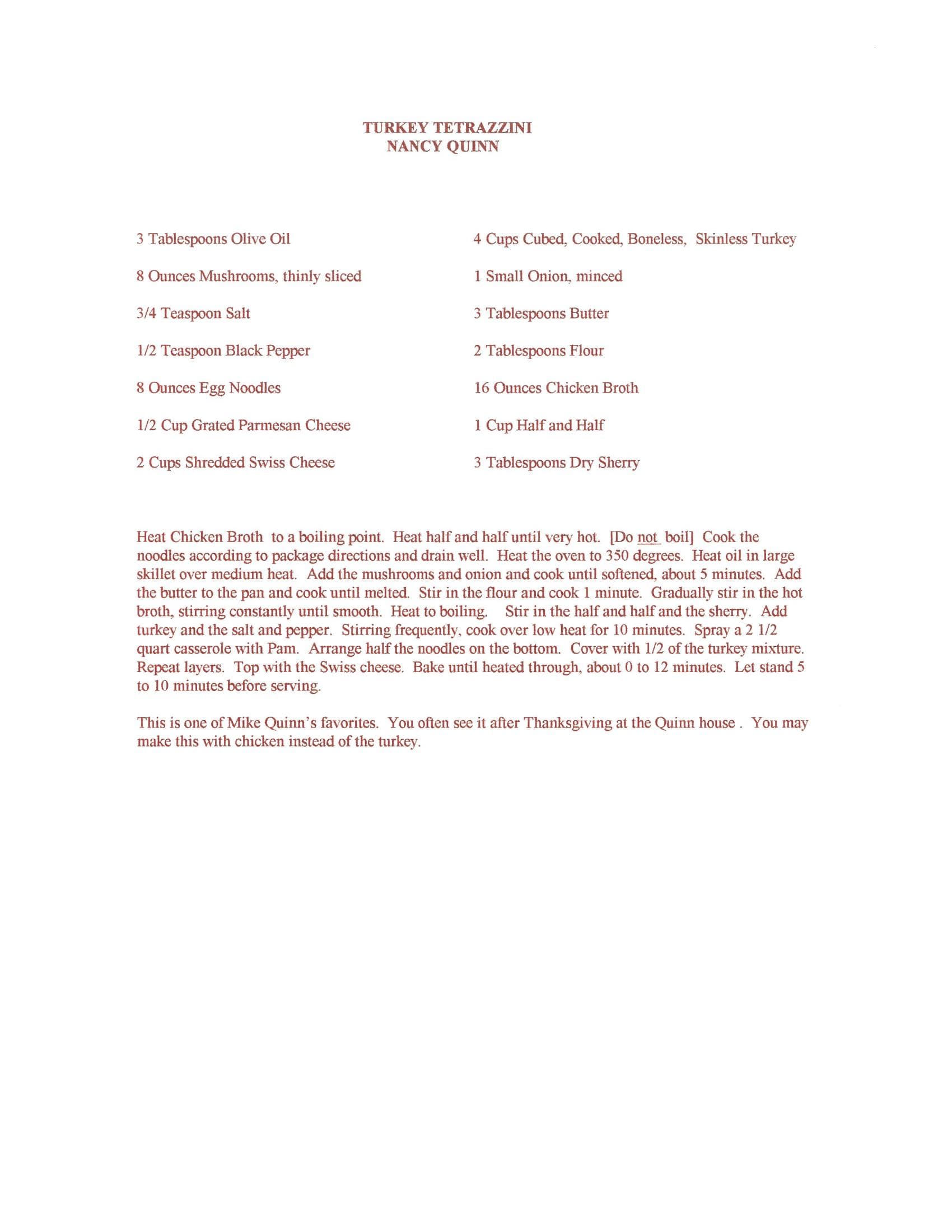 Original cookbook page for Turkey Tetrazzini