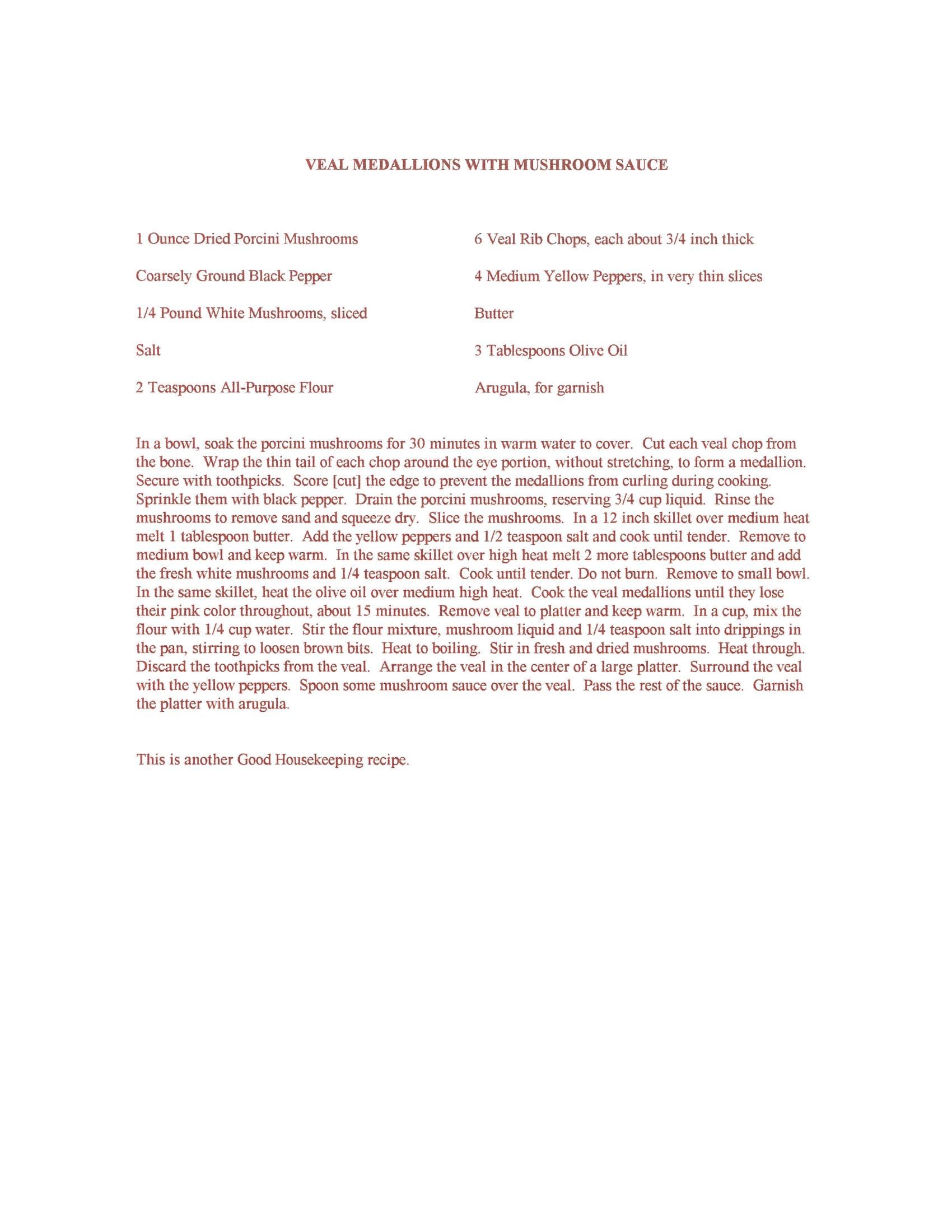 Original cookbook page for Veal Medallions with Mushroom Sauce