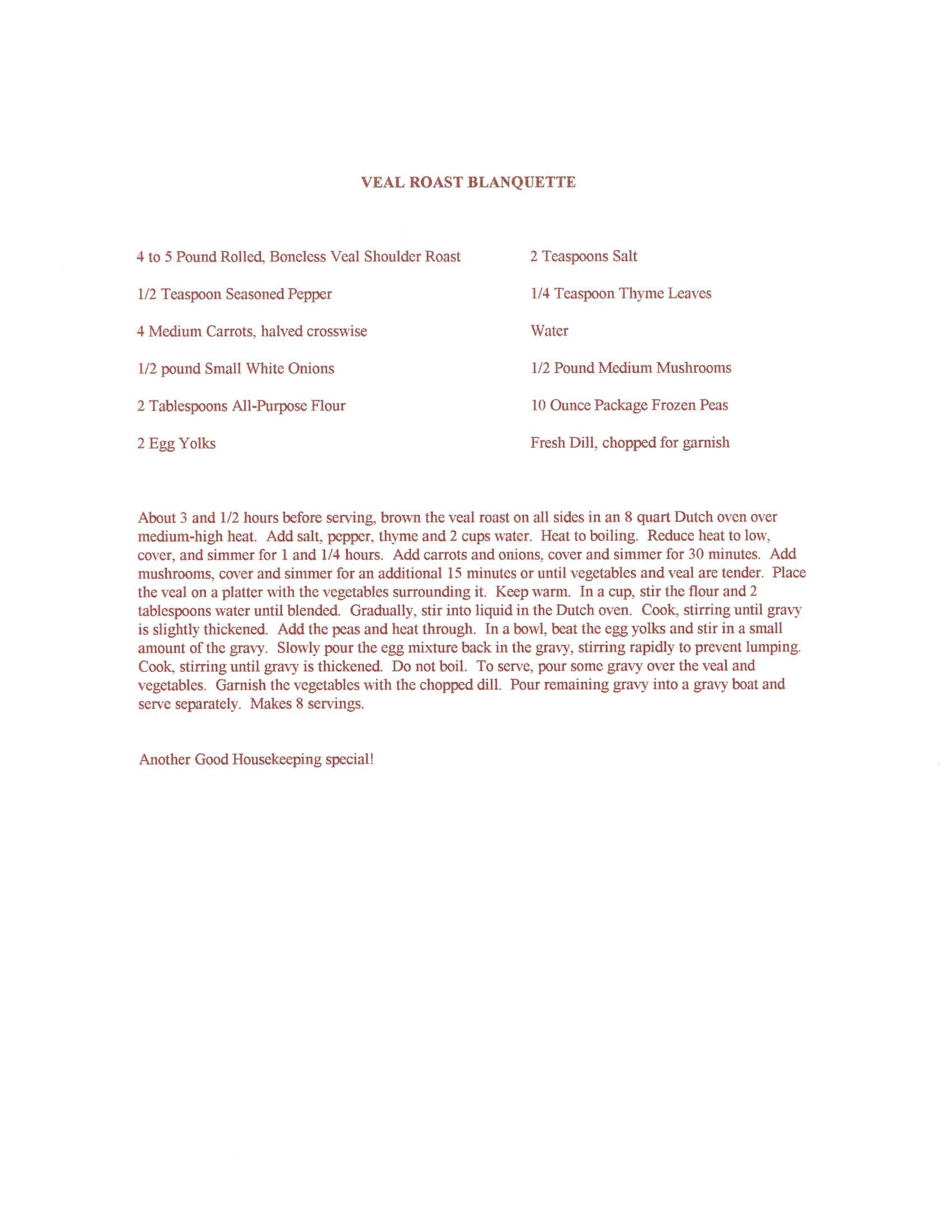 Original cookbook page for Veal Roast Blanquette