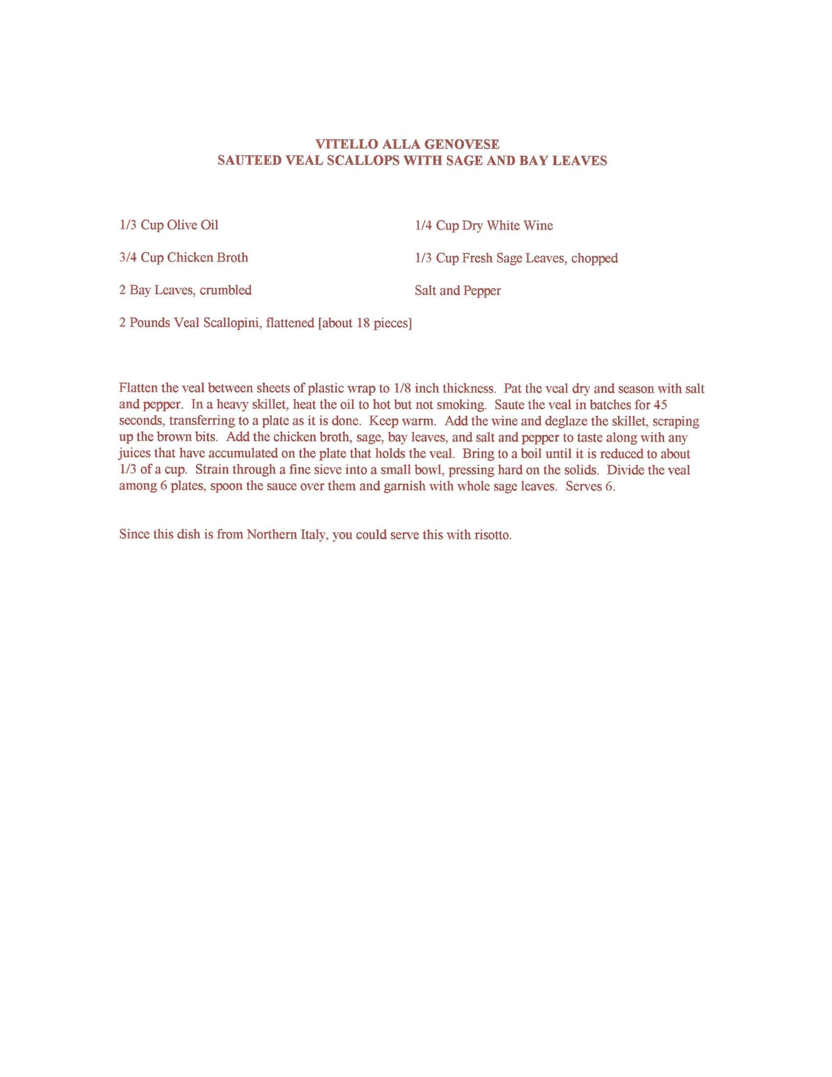 Original cookbook page for Vitello Alla Genovese Sauteed Veal Scallops with Sage and Bay Leaves