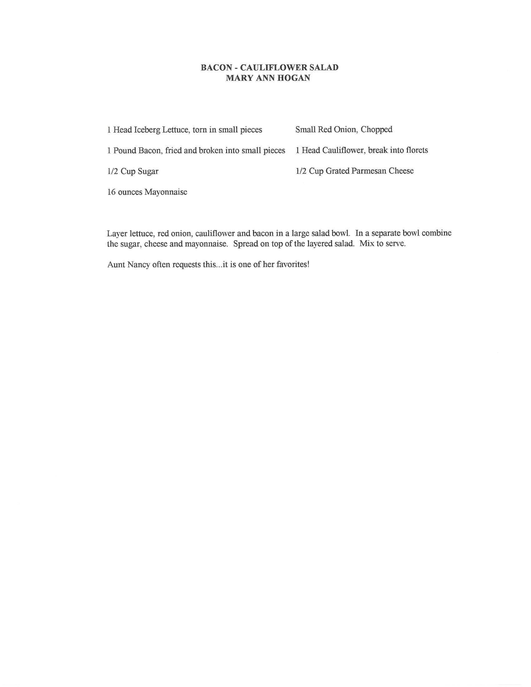 Original cookbook page for Bacon - Cauliflower Salad