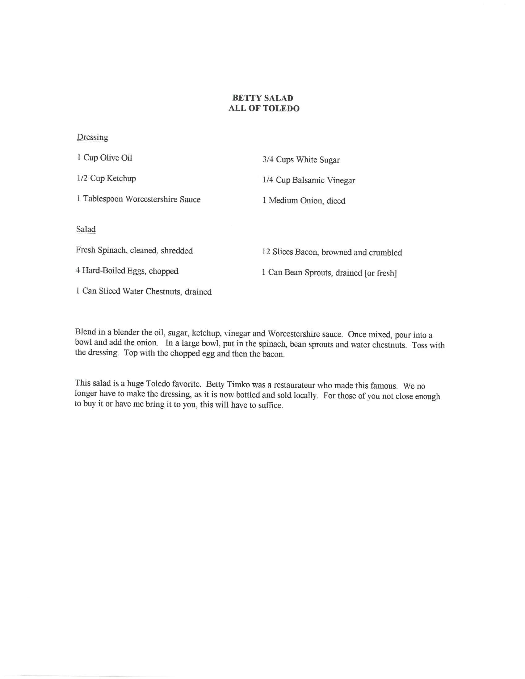 Original cookbook page for Betty Salad