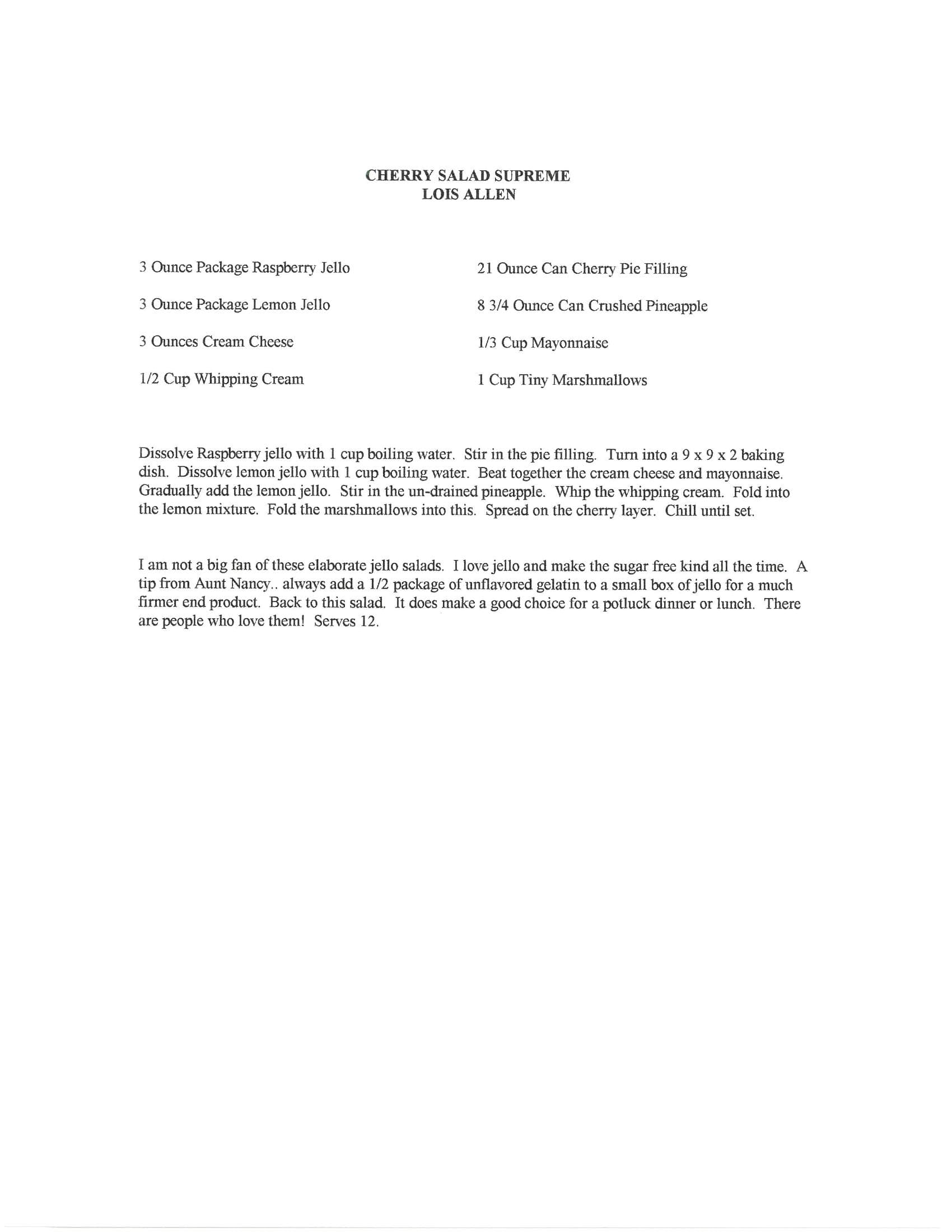 Original cookbook page for Cherry Salad Supreme