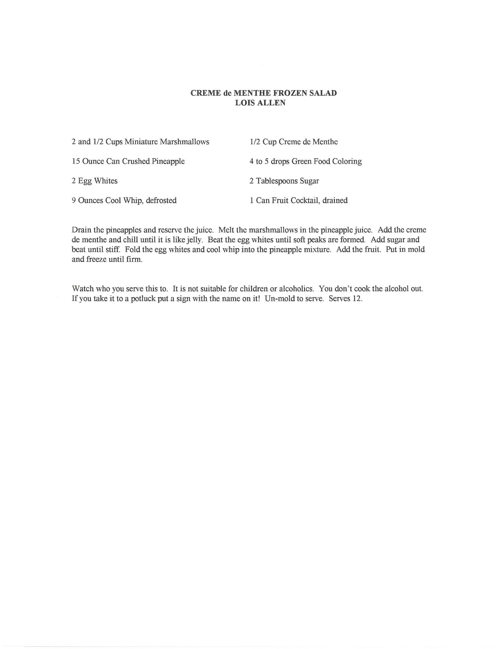 Original cookbook page for Creme de Menthe Frozen Salad
