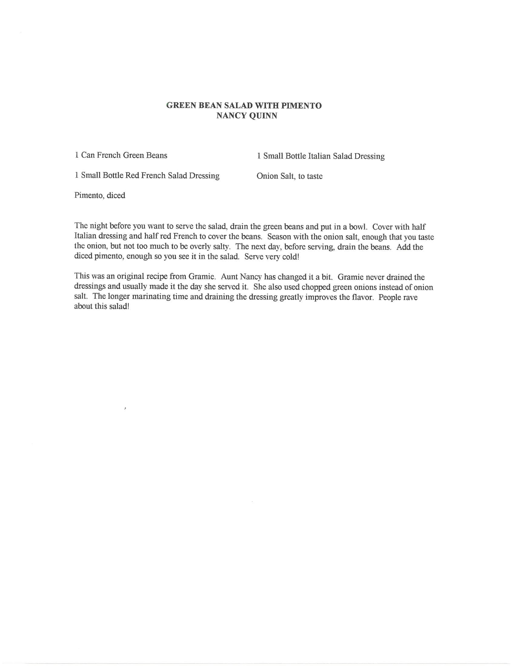 Original cookbook page for Green Bean Salad with Pimento