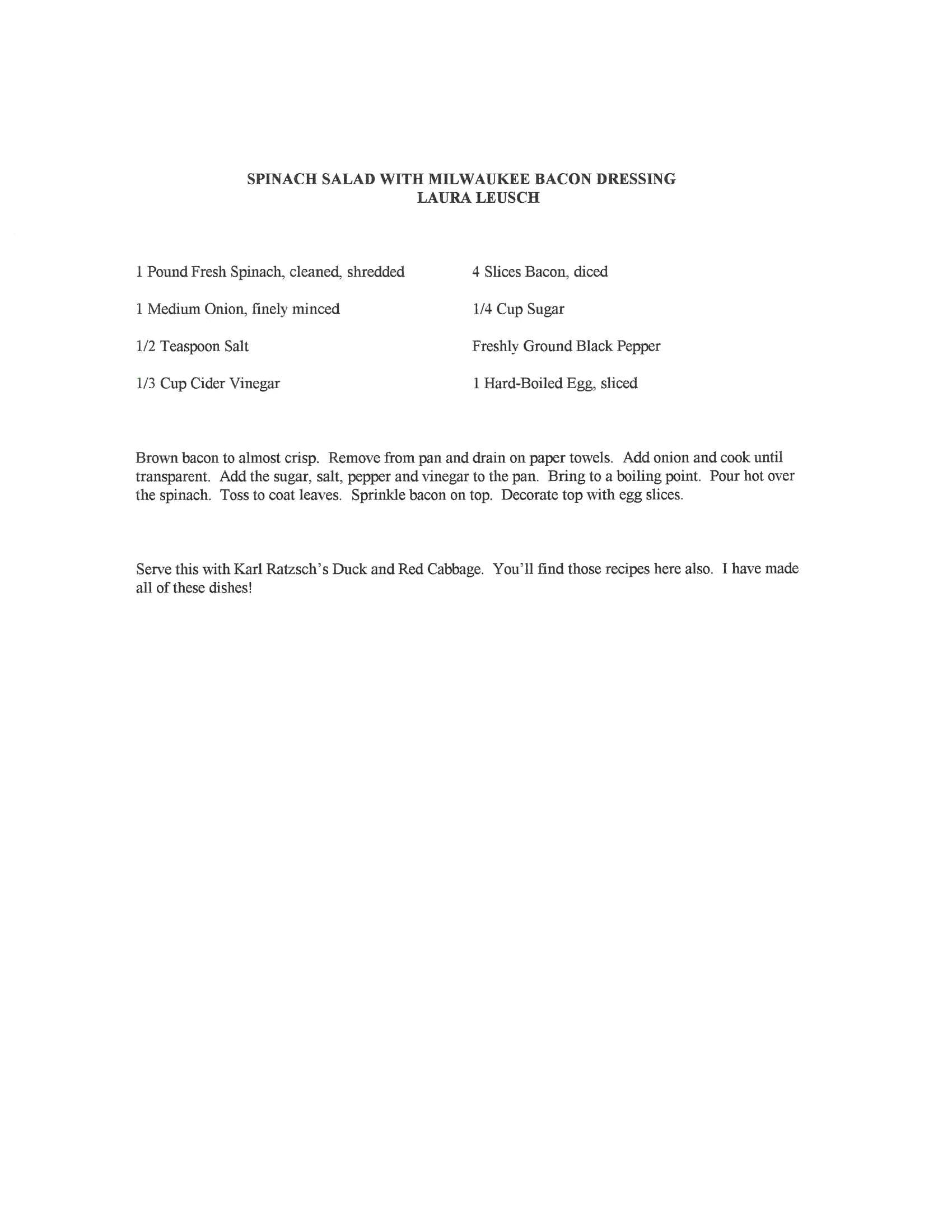 Original cookbook page for Spinach Salad with Milwaukee Bacon Dressing