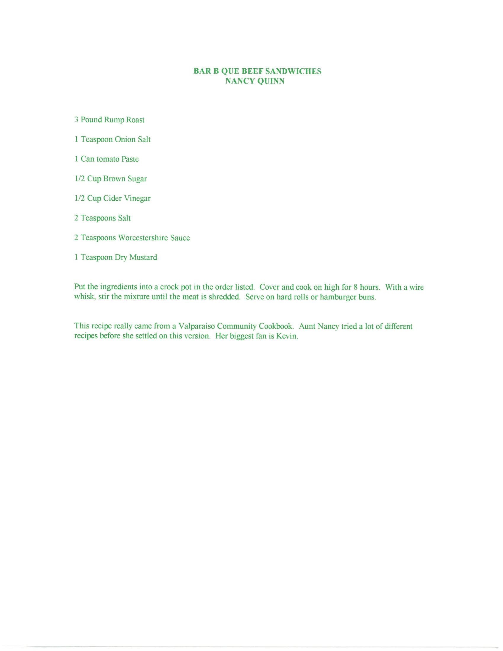 Original cookbook page for Bar B Que Beef Sandwiches
