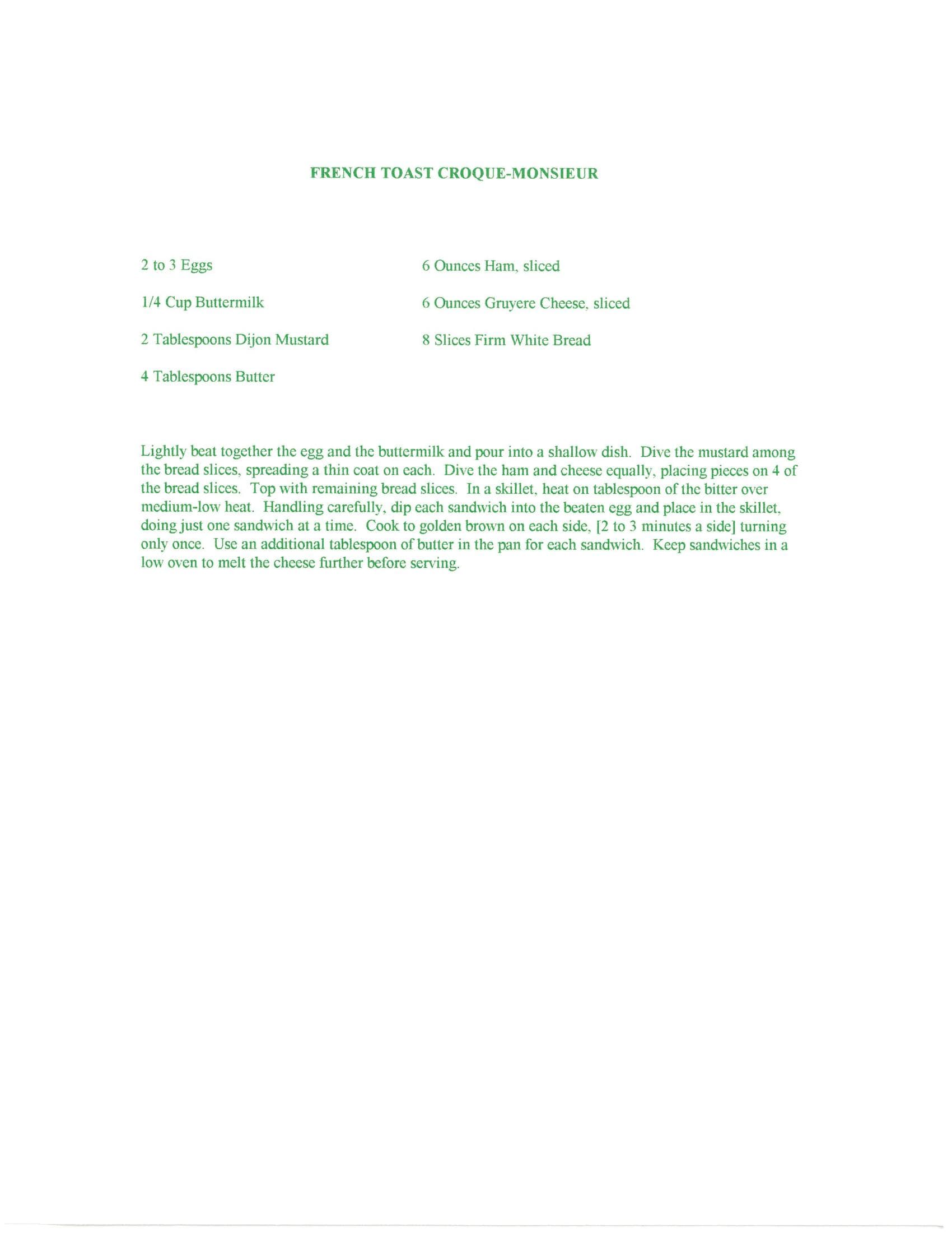 Original cookbook page for French Toast Croque-monsieur
