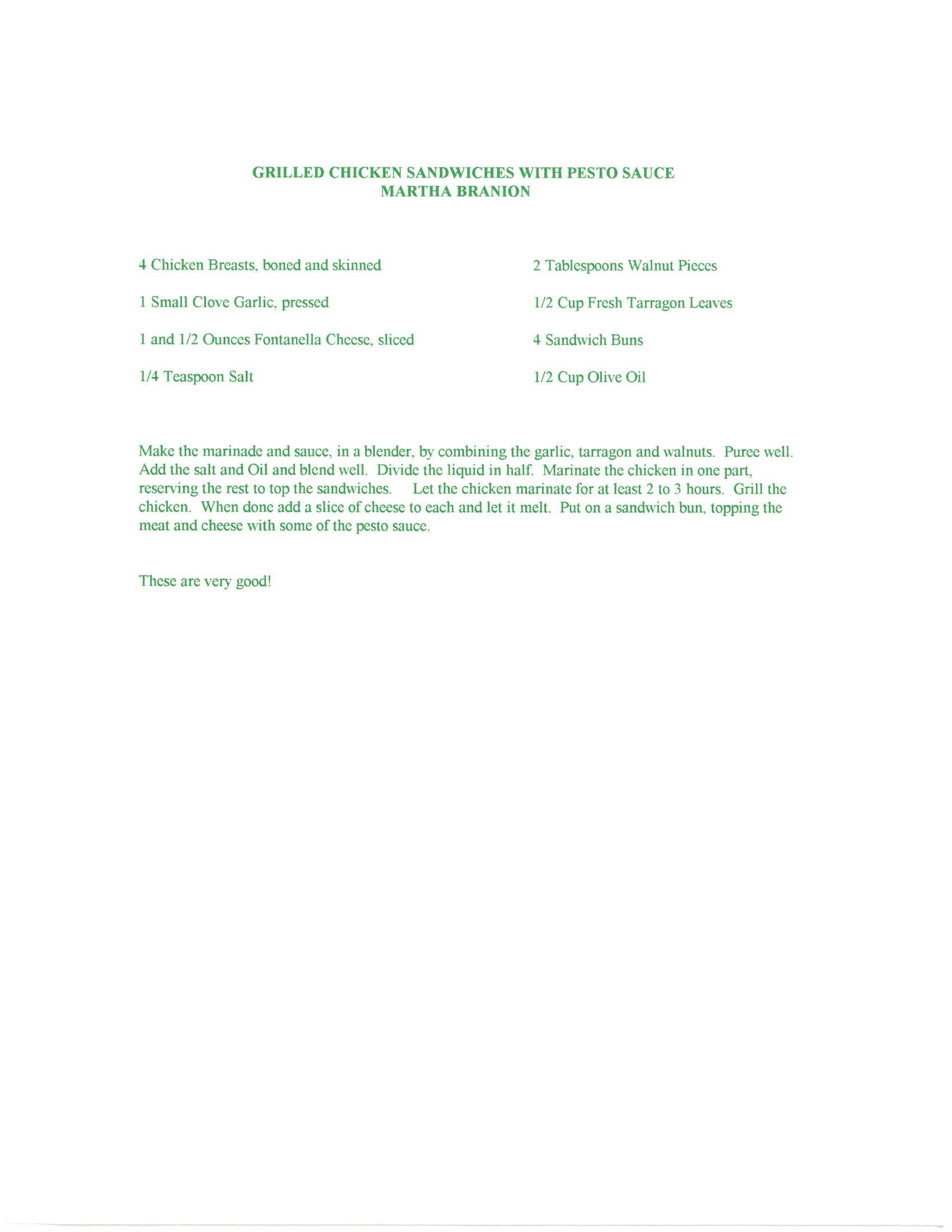 Original cookbook page for Grilled Chicken Sandwiches with Pesto Sauce