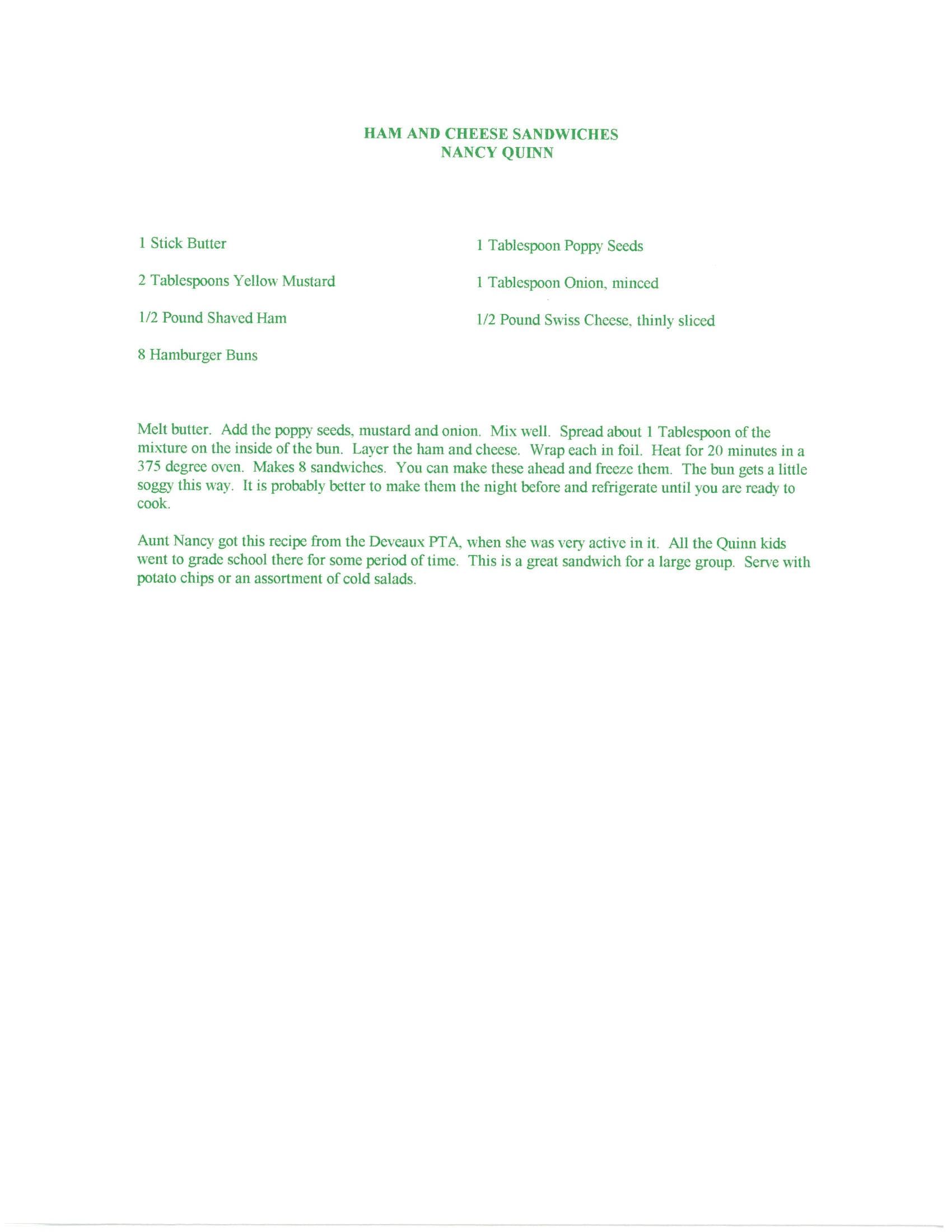 Original cookbook page for Ham and Cheese Sandwiches