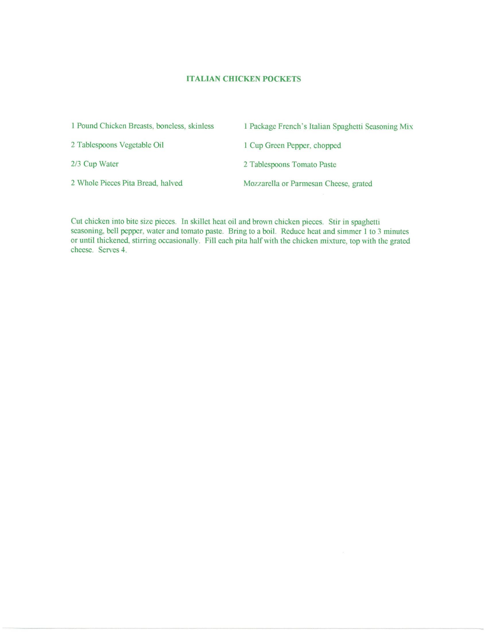 Original cookbook page for Italian Chicken Pockets