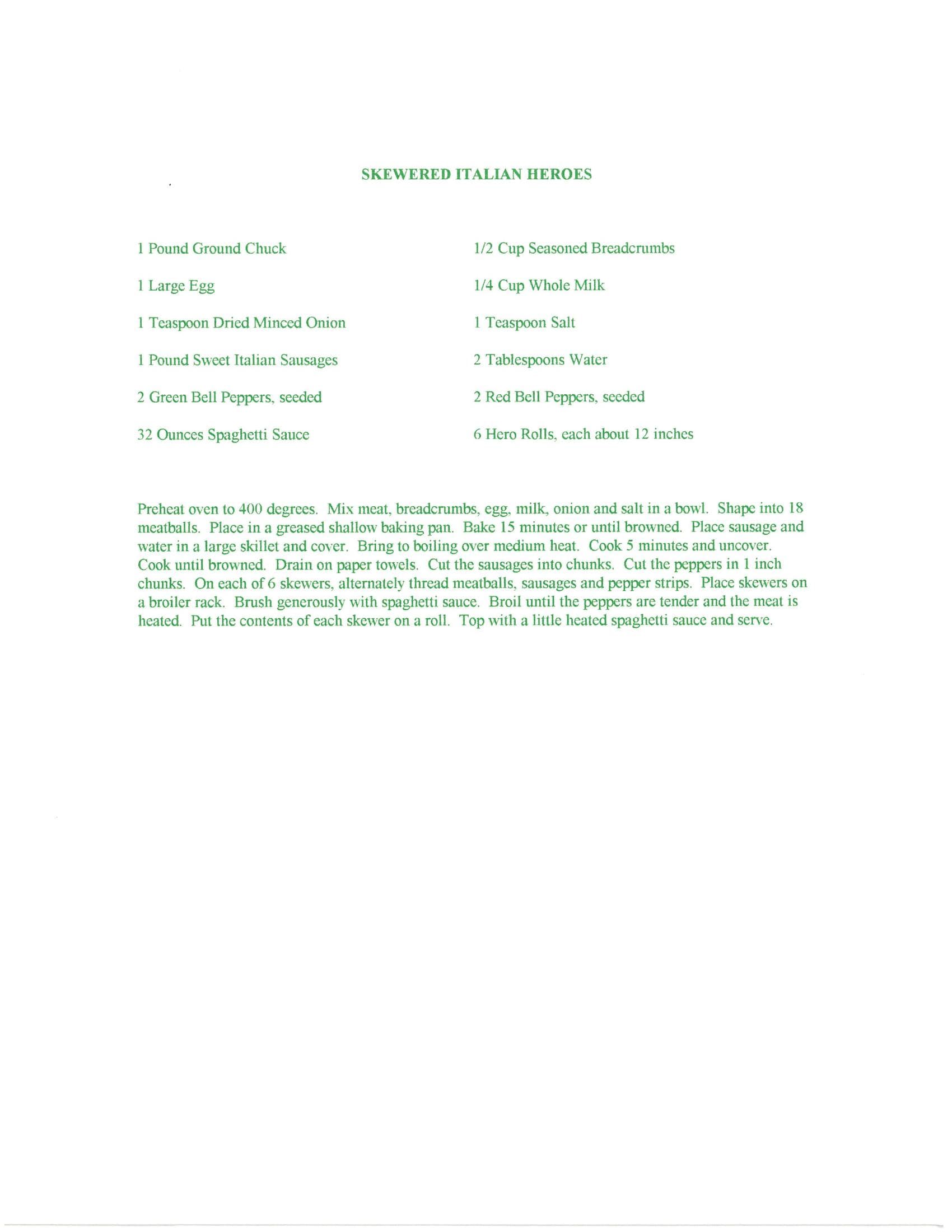 Original cookbook page for Skewered Italian Heroes