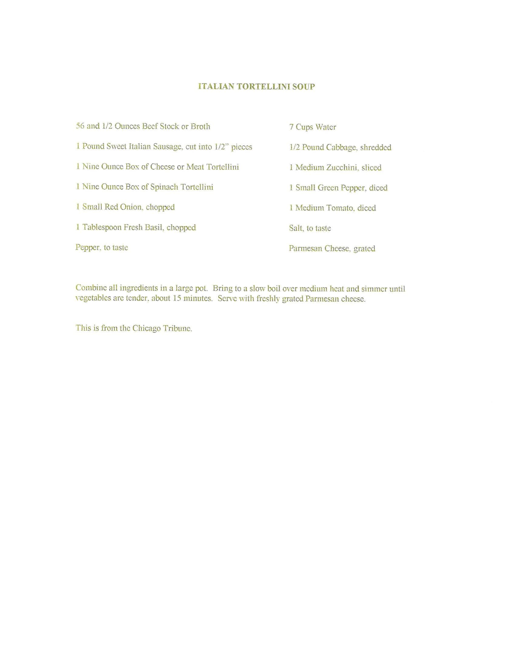 Original cookbook page for Italian Tortellini Soup