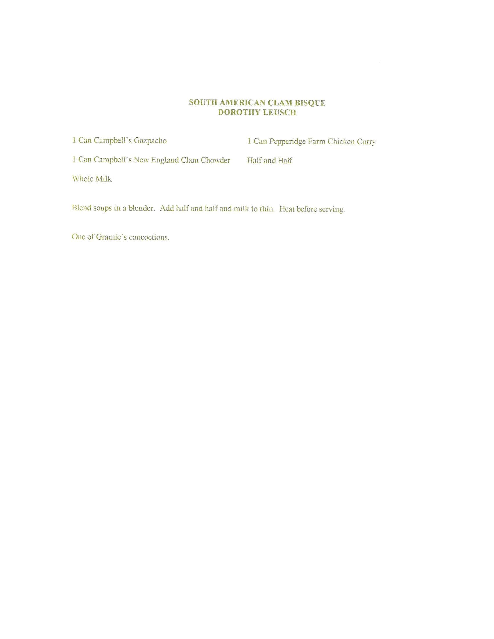 Original cookbook page for South American Clam Bisque