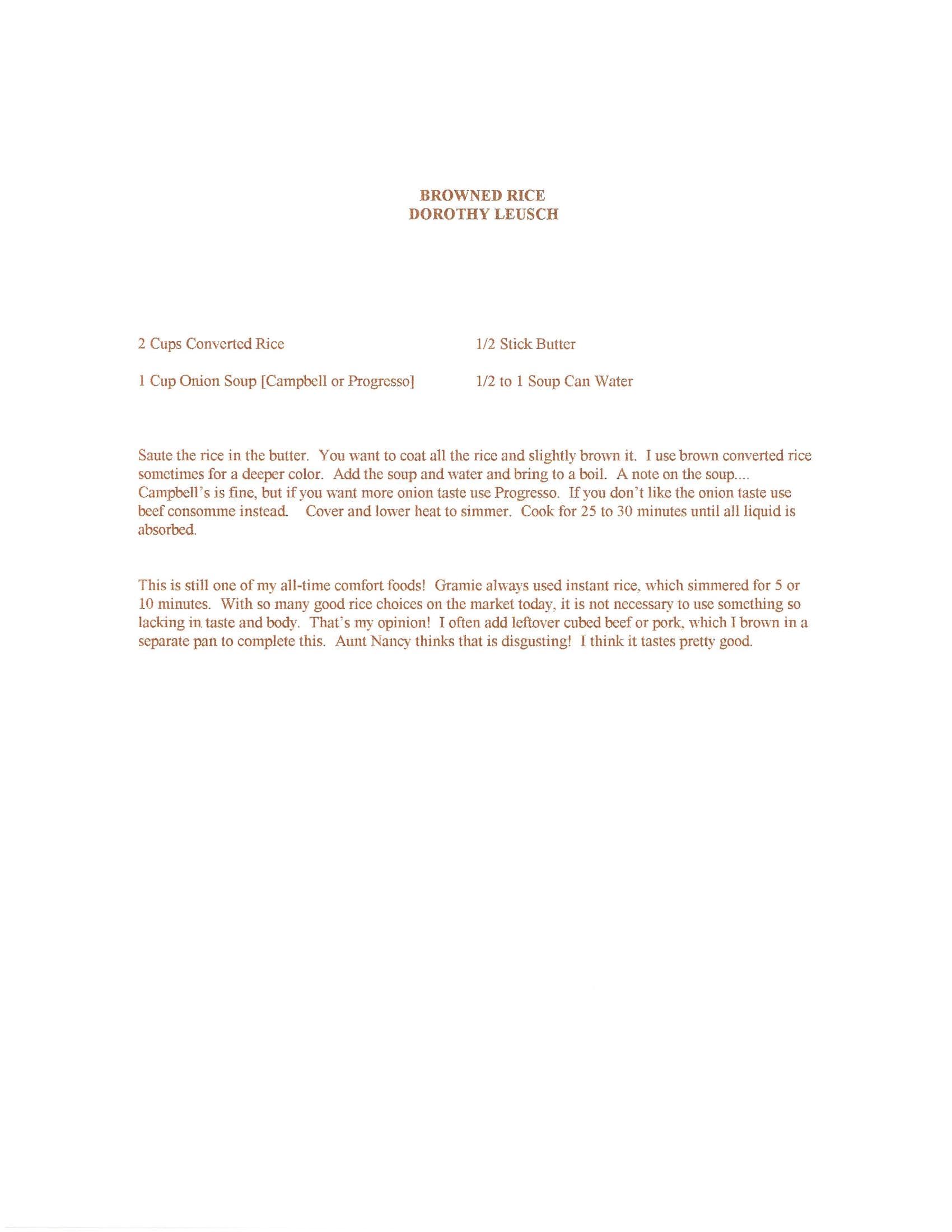 Original cookbook page for Browned Rice