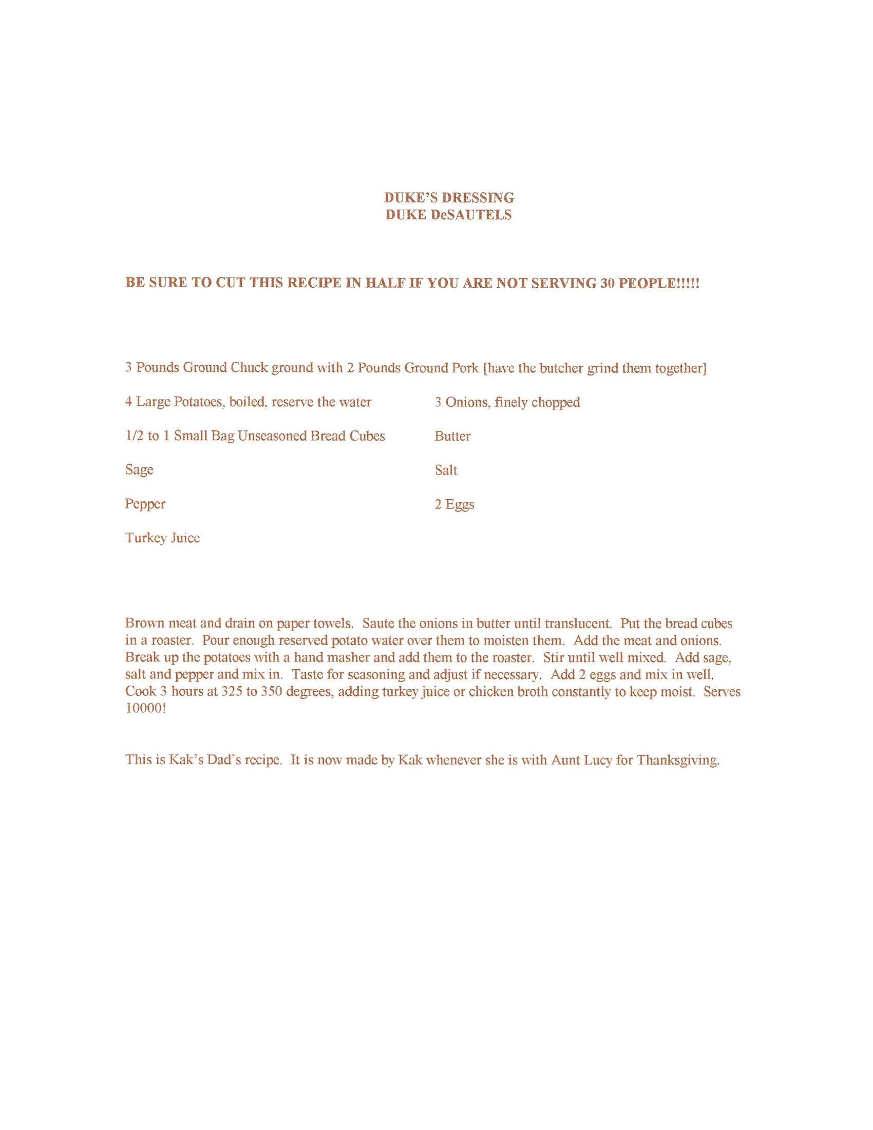 Original cookbook page for Duke's Dressing