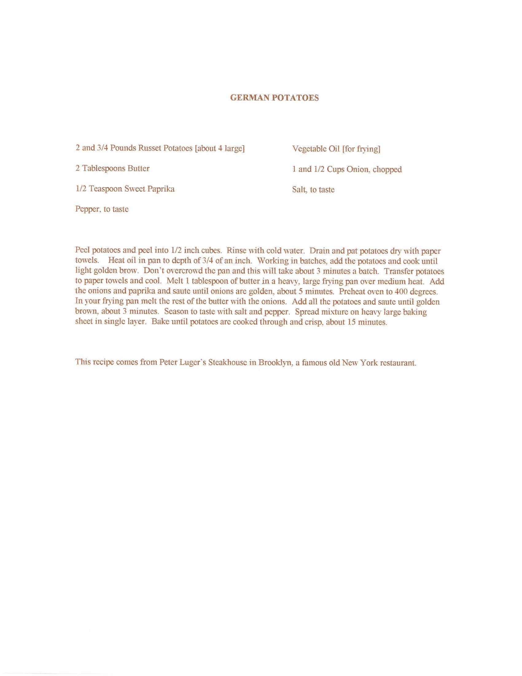 Original cookbook page for German Potatoes