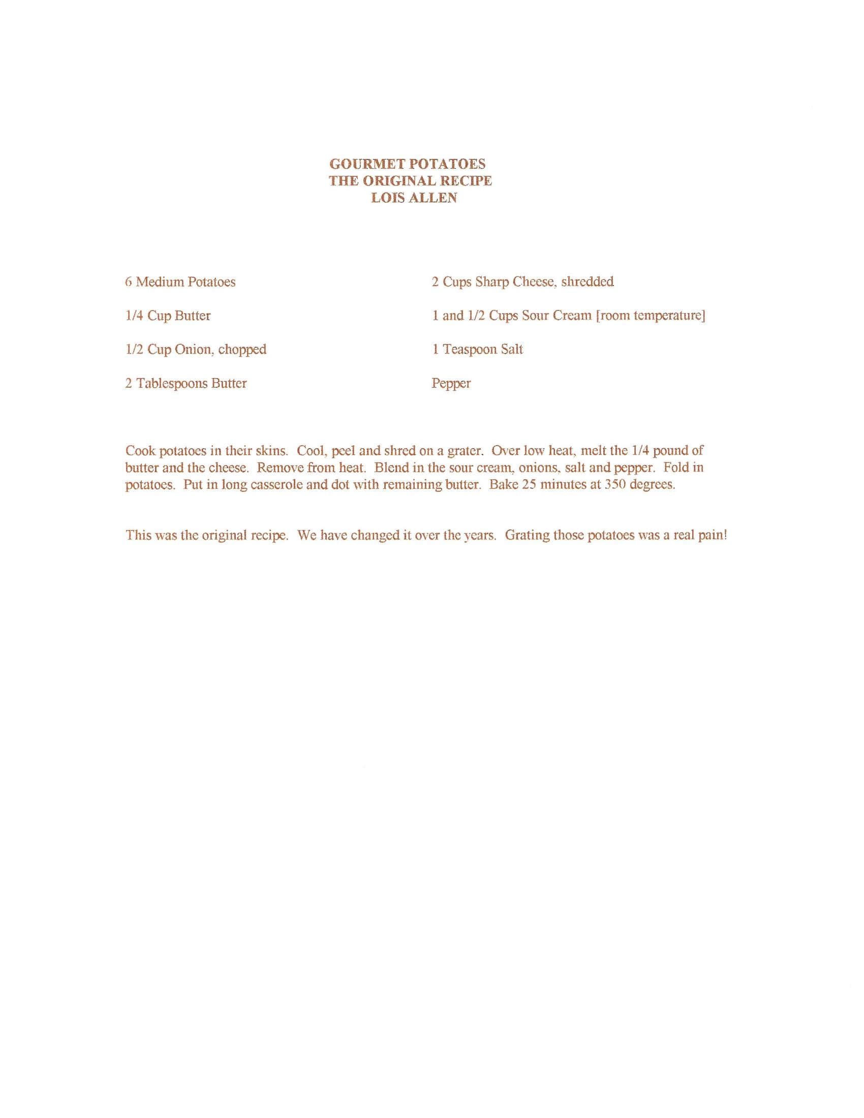 Original cookbook page for Gourmet Potatoes the Original Recipe