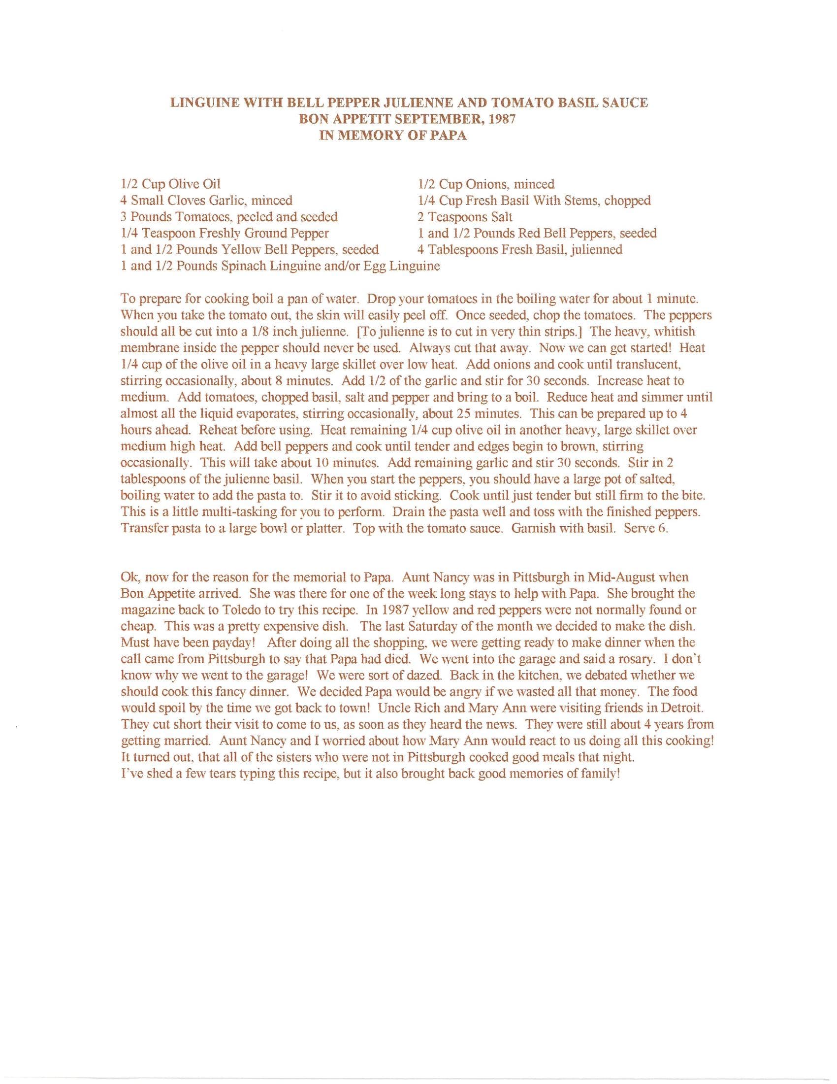 Original cookbook page for Linguine with Bell Pepper Julienne and Tomato Basil Sauce