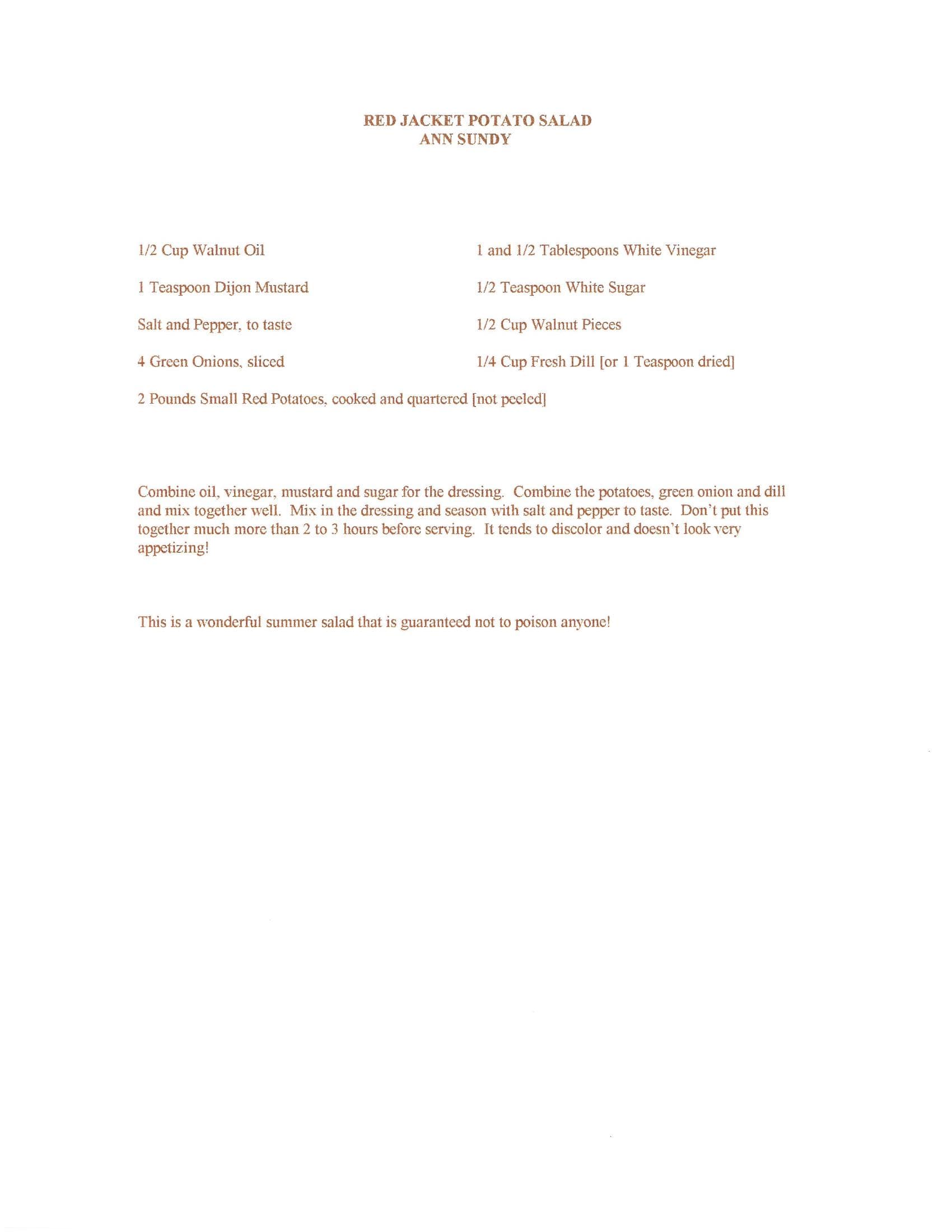 Original cookbook page for Red Jacket Potato Salad