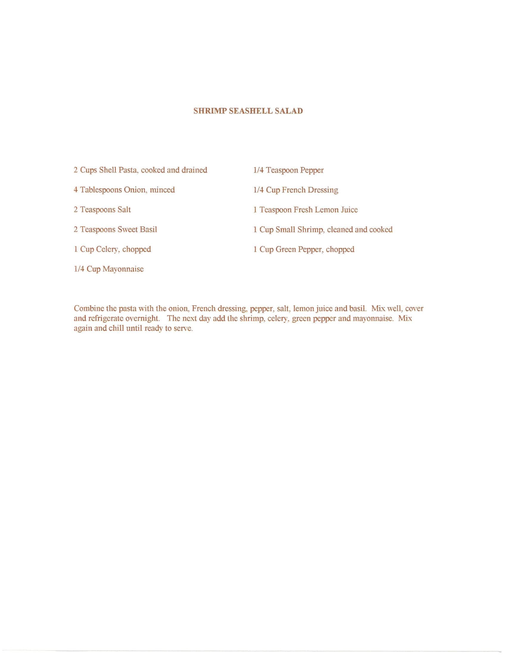 Original cookbook page for Shrimp Seashell Salad