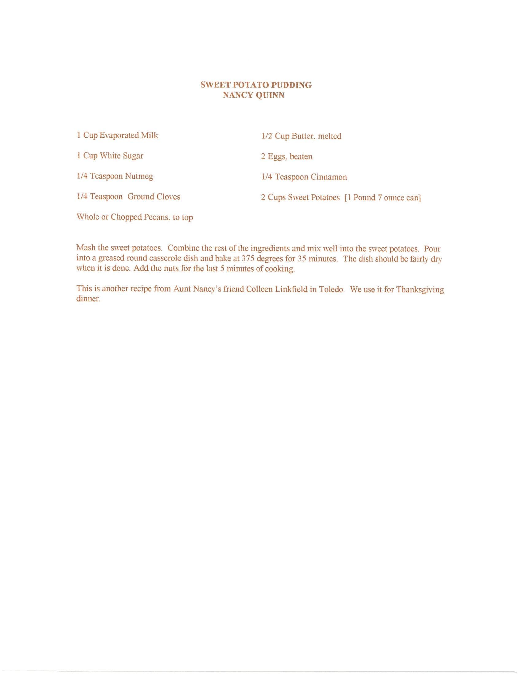 Original cookbook page for Sweet Potato Pudding