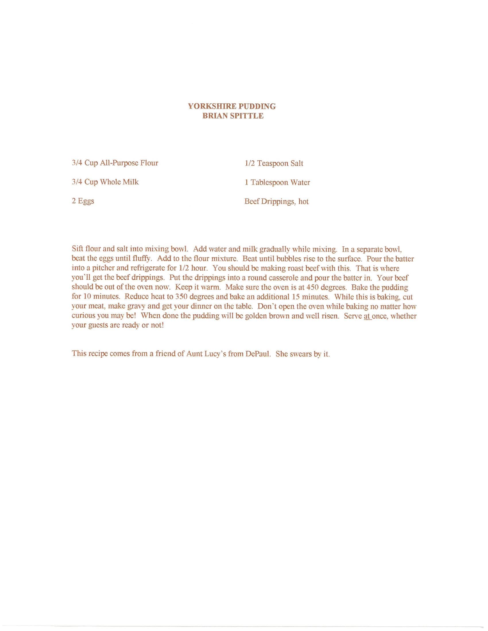 Original cookbook page for Yorkshire Pudding