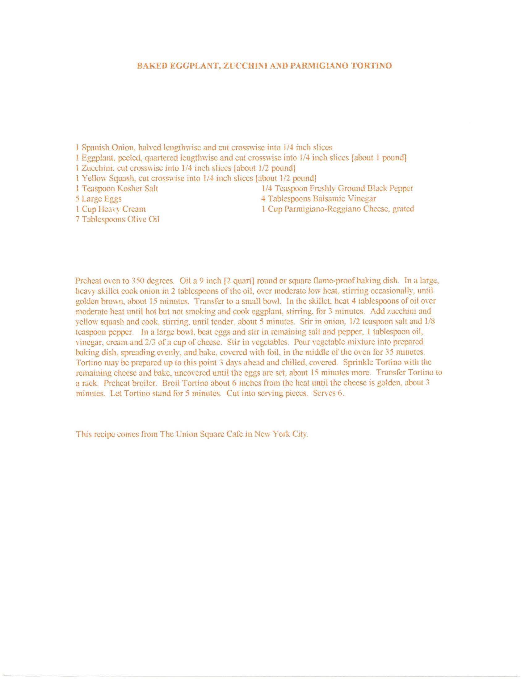 Original cookbook page for Baked Eggplant, Zucchini and Parmigiano Tortino