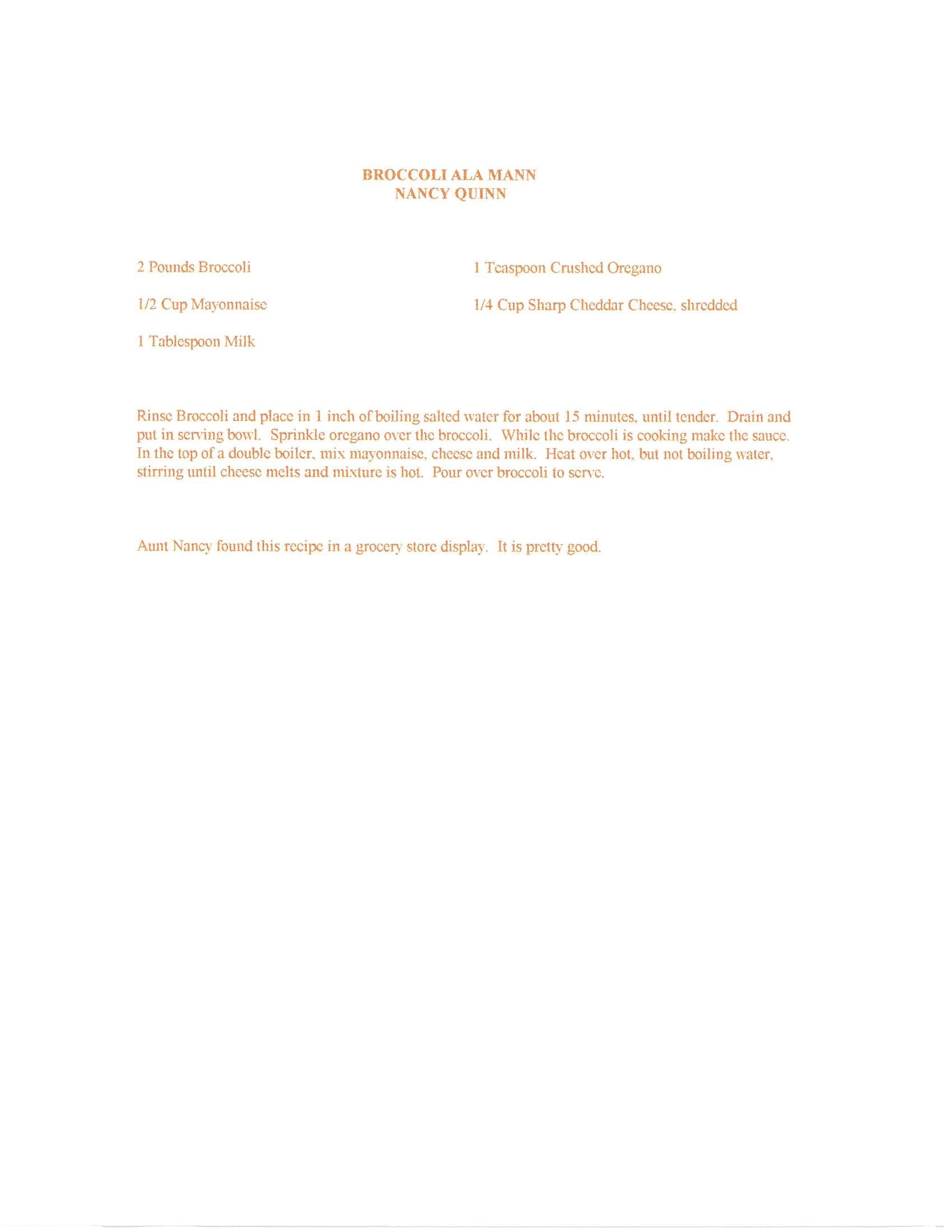 Original cookbook page for Broccoli Ala Mann