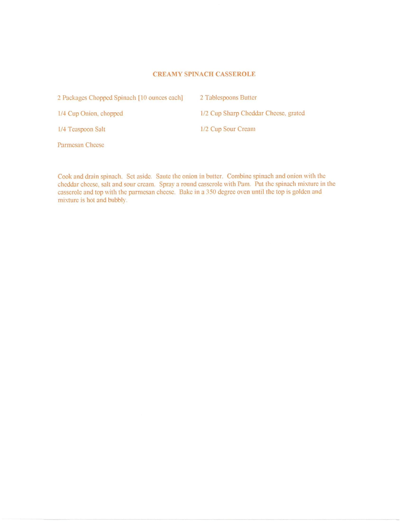 Original cookbook page for Creamy Spinach Casserole