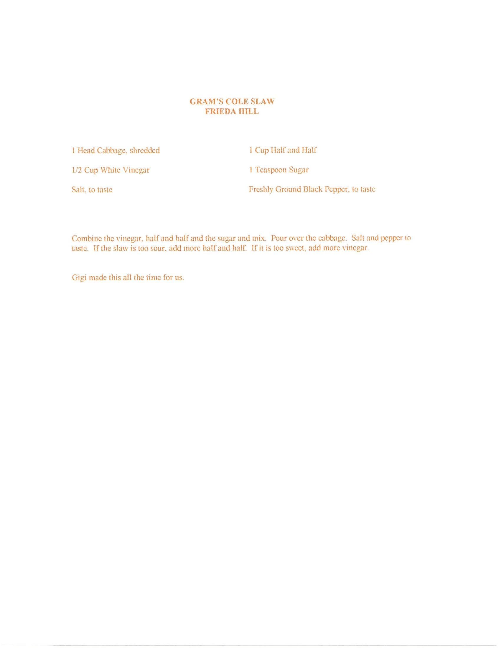 Original cookbook page for Gram's Cole Slaw