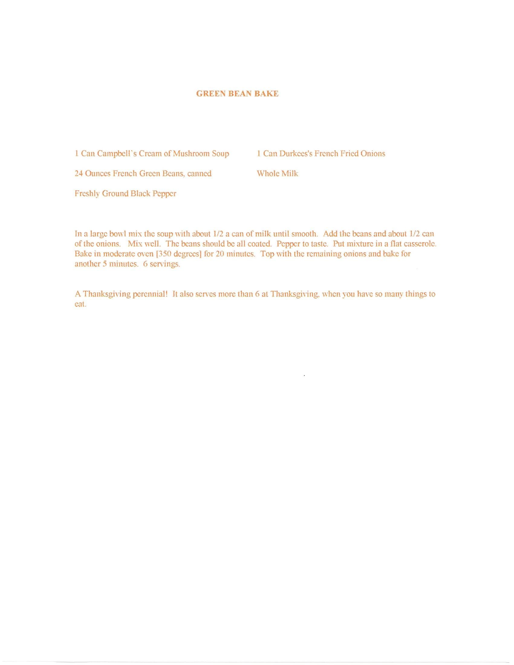 Original cookbook page for Green Bean Bake