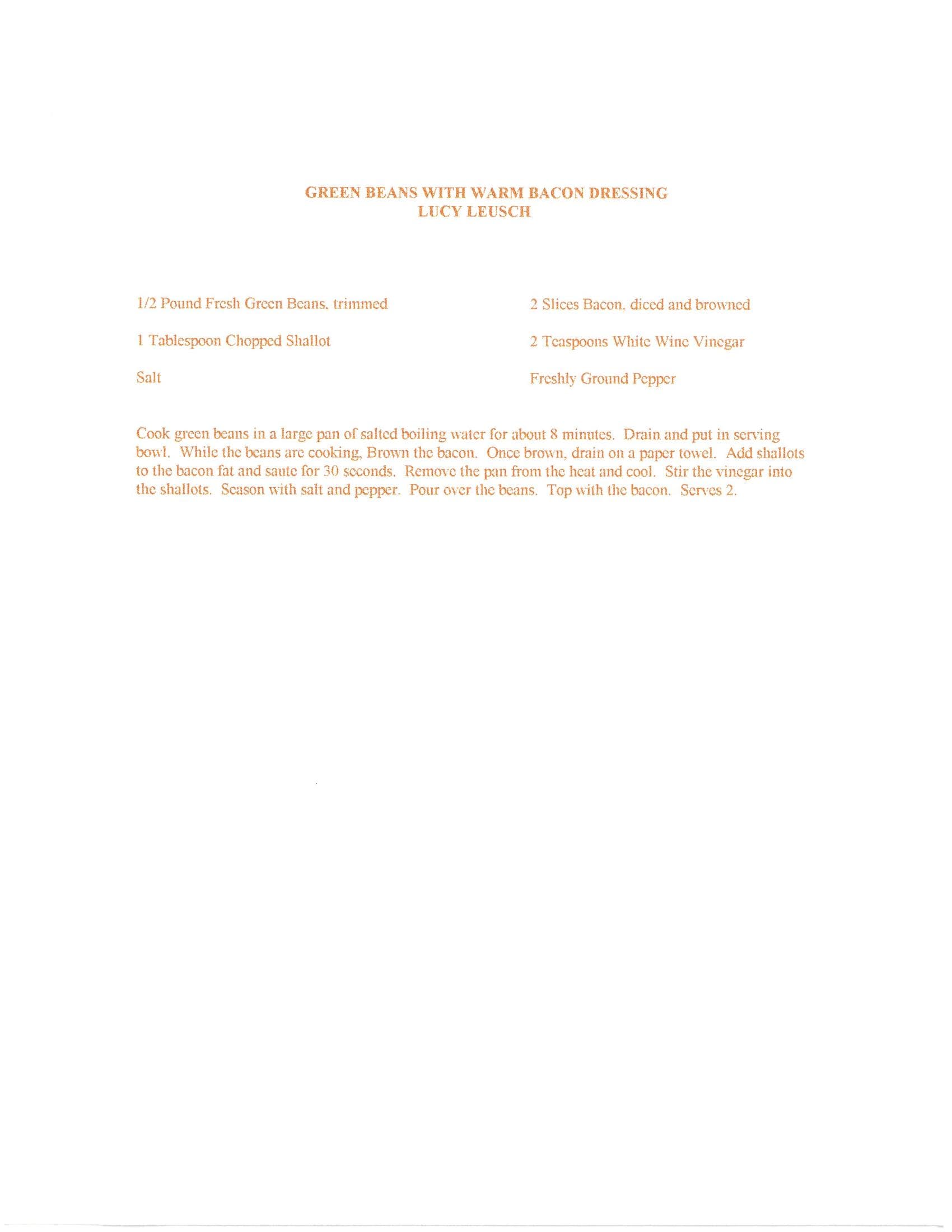 Original cookbook page for Green Beans with Warm Bacon Dressing