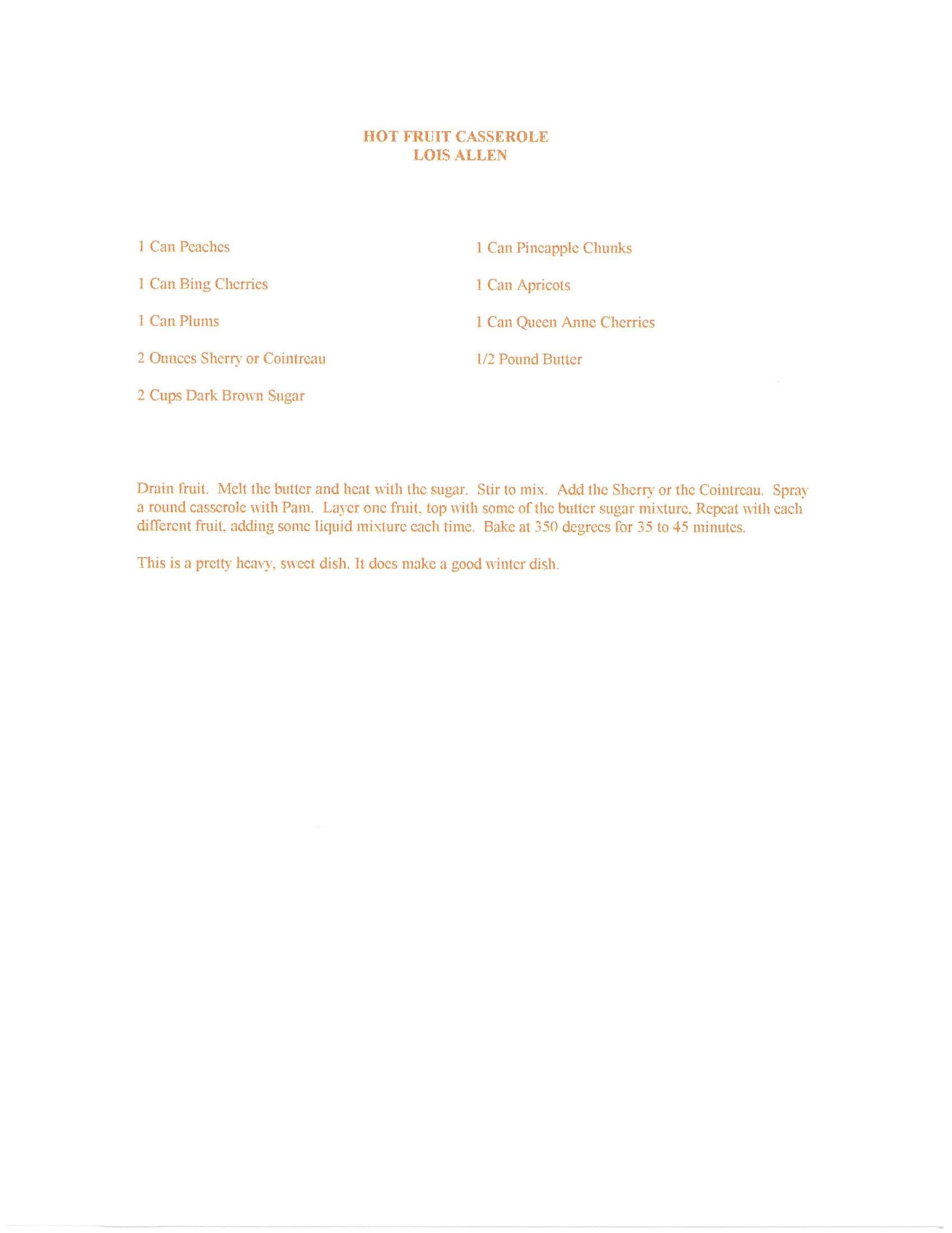 Original cookbook page for Hot Fruit Casserole