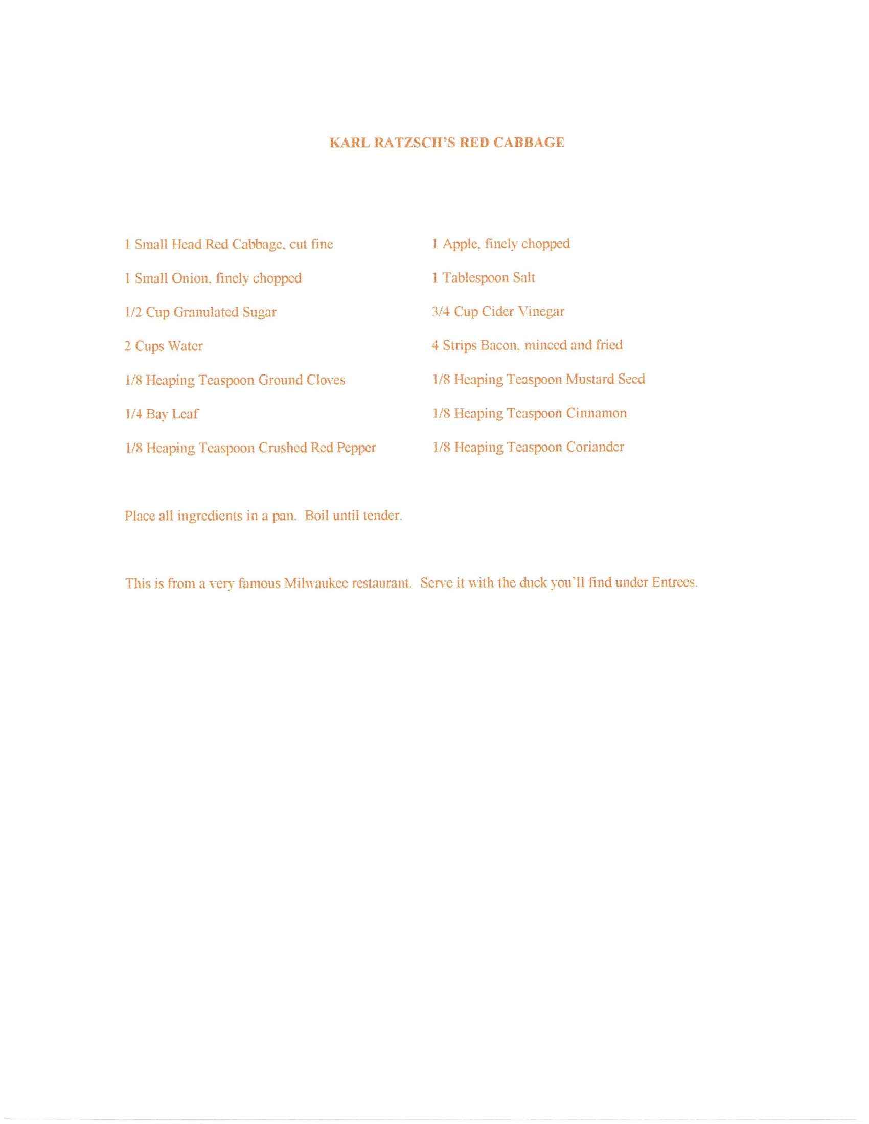 Original cookbook page for Karl Ratzsch's Red Cabbage