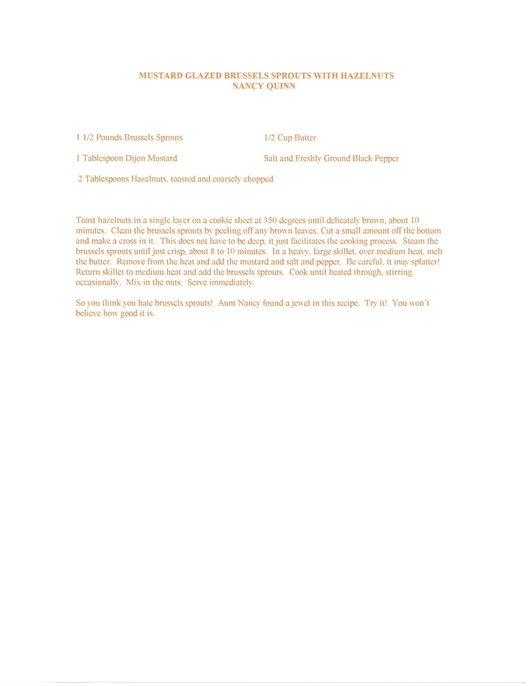 Original cookbook page for Mustard Glazed Brussels Sprouts with Hazelnuts