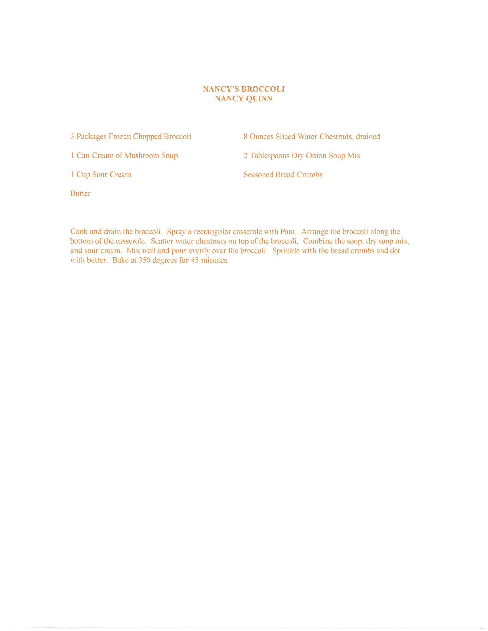 Original cookbook page for Nancy's Broccoli