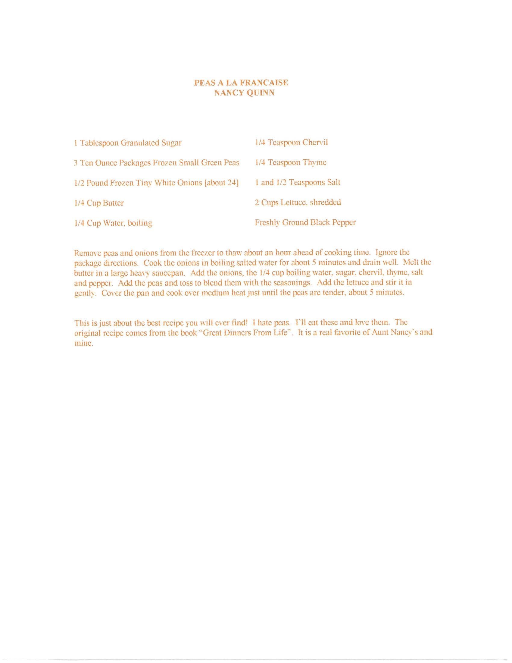 Original cookbook page for Peas a La Francaise